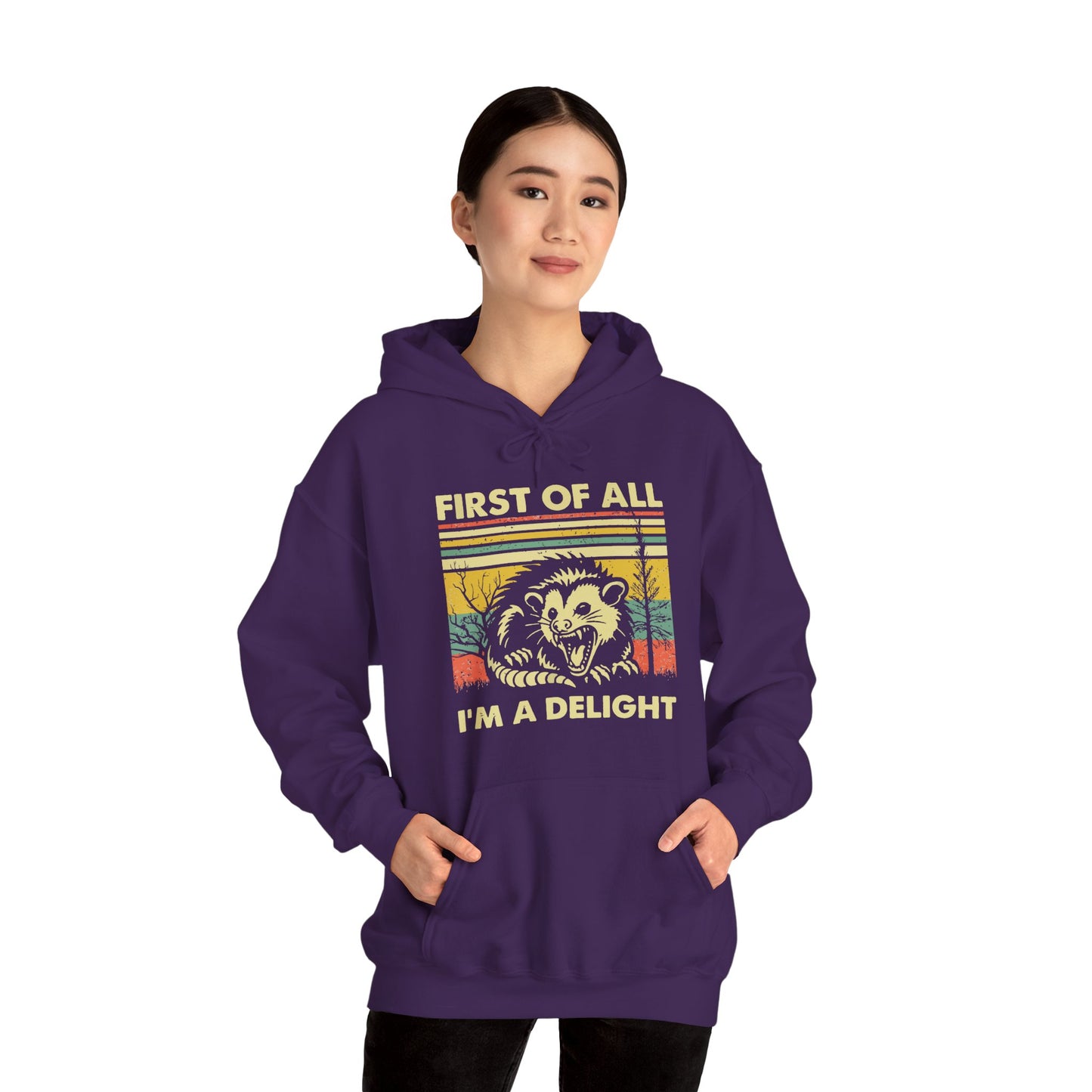 Funny Possum Hoodie — "First of All, I'm a Delight" Graphic Sweatshirt