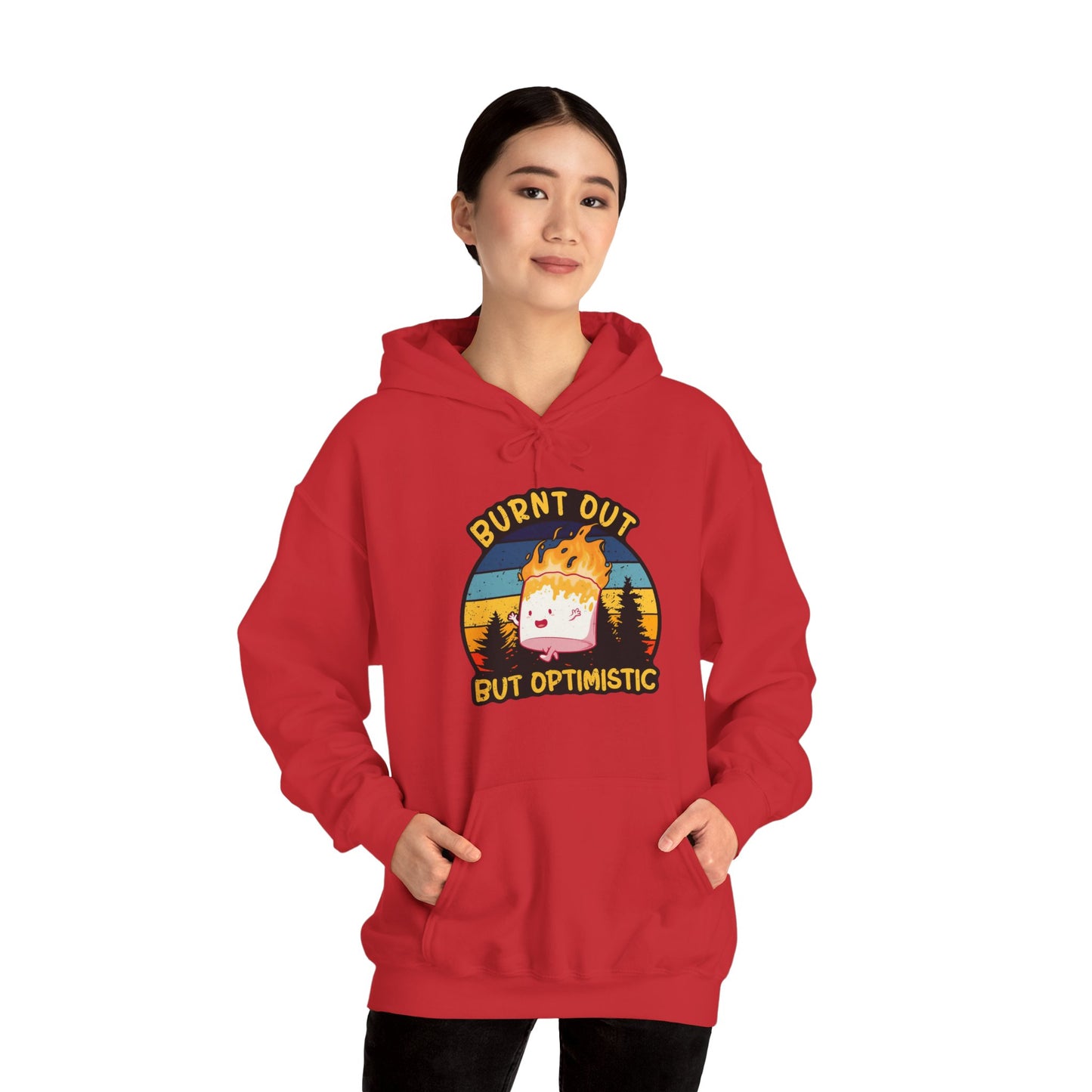 "Burnt Out But Optimistic" Hoodie — Cute Retro Campfire Graphic Sweatshirt