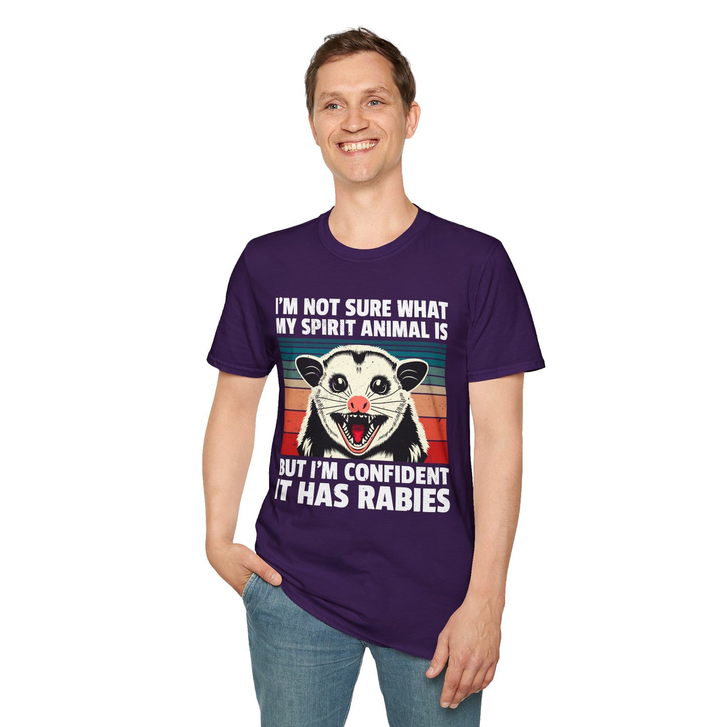 Funny Possum T-Shirt — "I’m Not Sure What My Spirit Animal Is But I’m Confident It Has Rabies" Retro Design