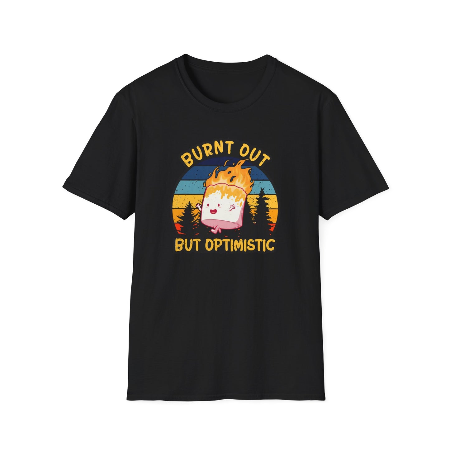 "Burnt Out But Optimistic" T-Shirt — Cute Retro Campfire Graphic Tee