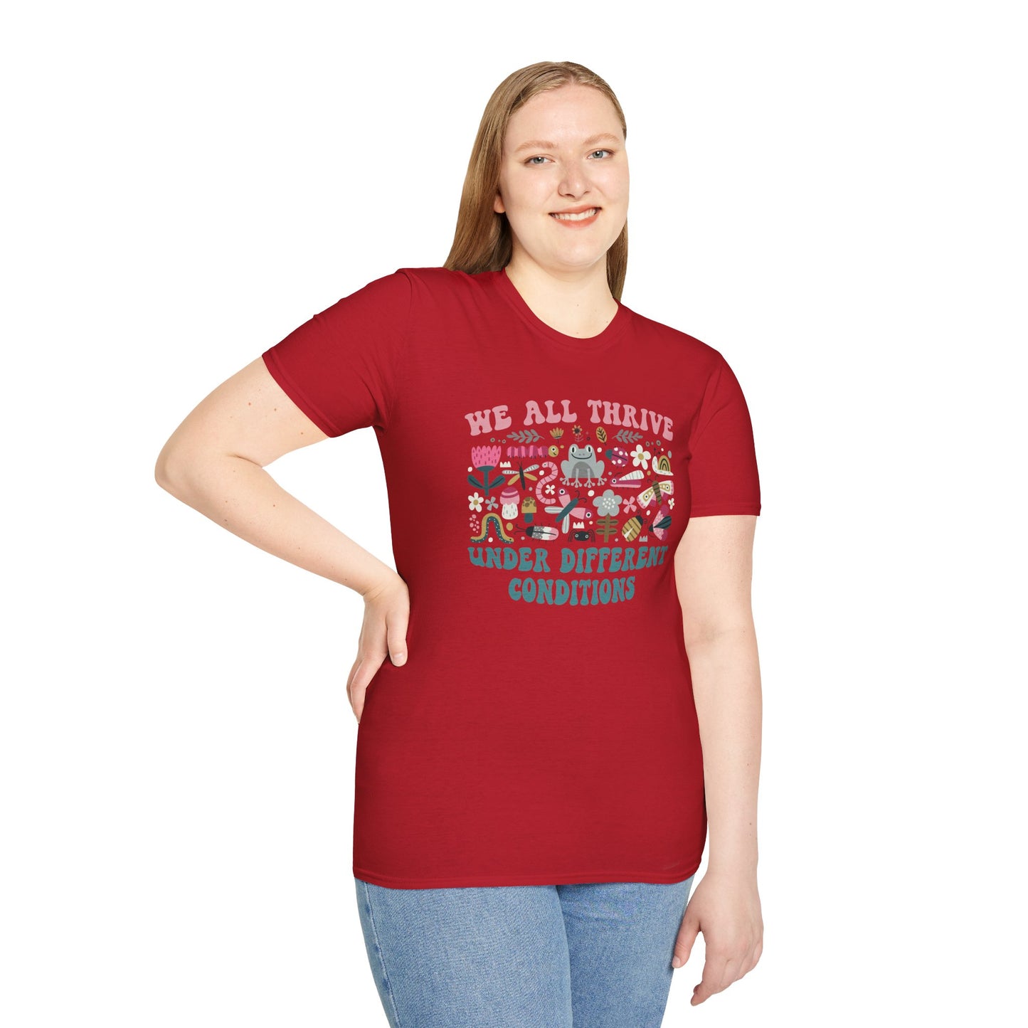 "We All Thrive Under Different Conditions" T-Shirt — Floral Inclusive Tee