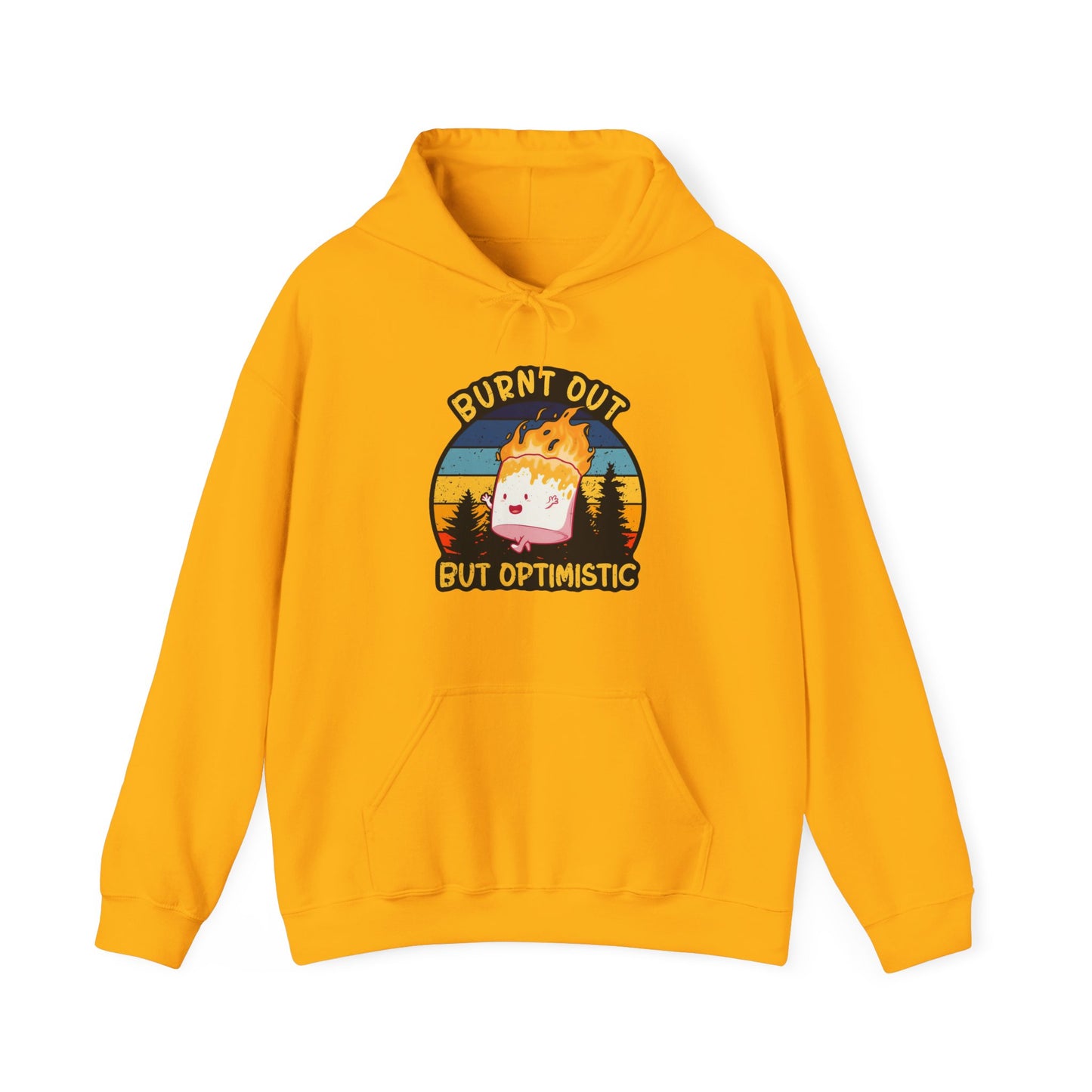 "Burnt Out But Optimistic" Hoodie — Cute Retro Campfire Graphic Sweatshirt