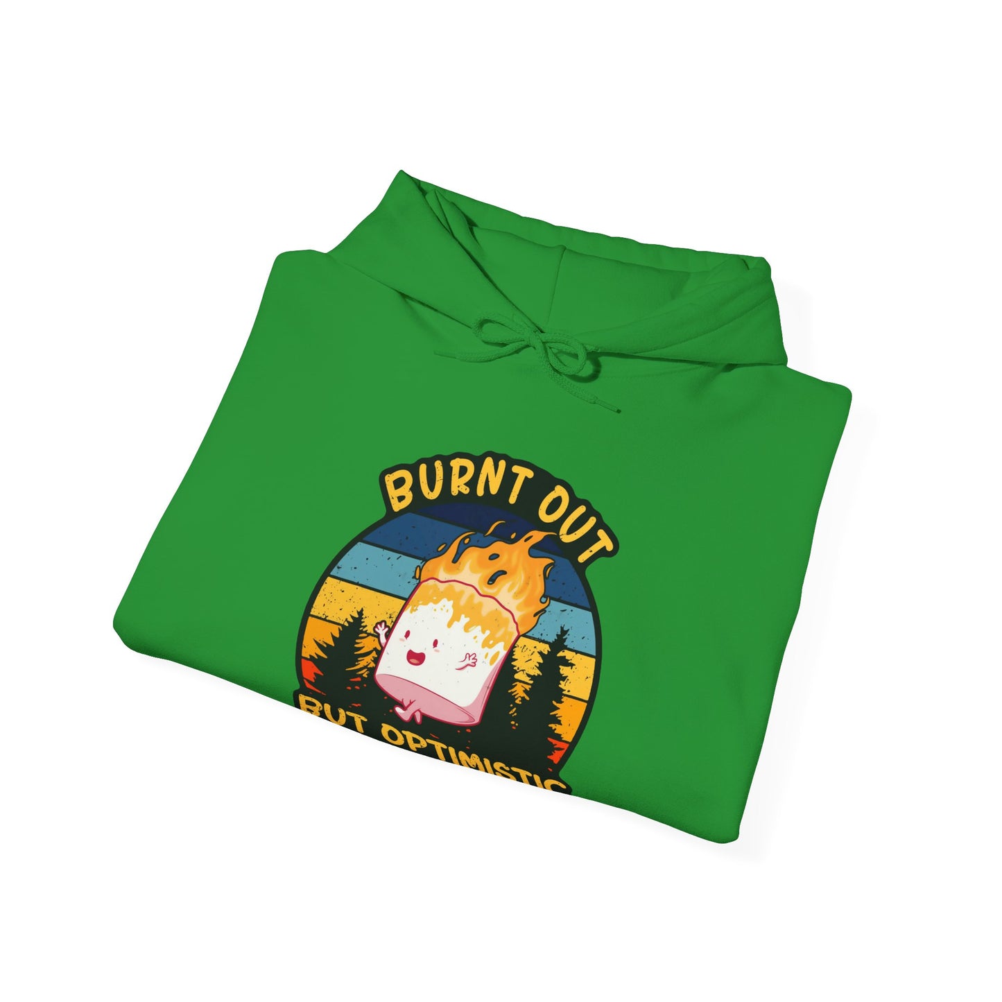 "Burnt Out But Optimistic" Hoodie — Cute Retro Campfire Graphic Sweatshirt