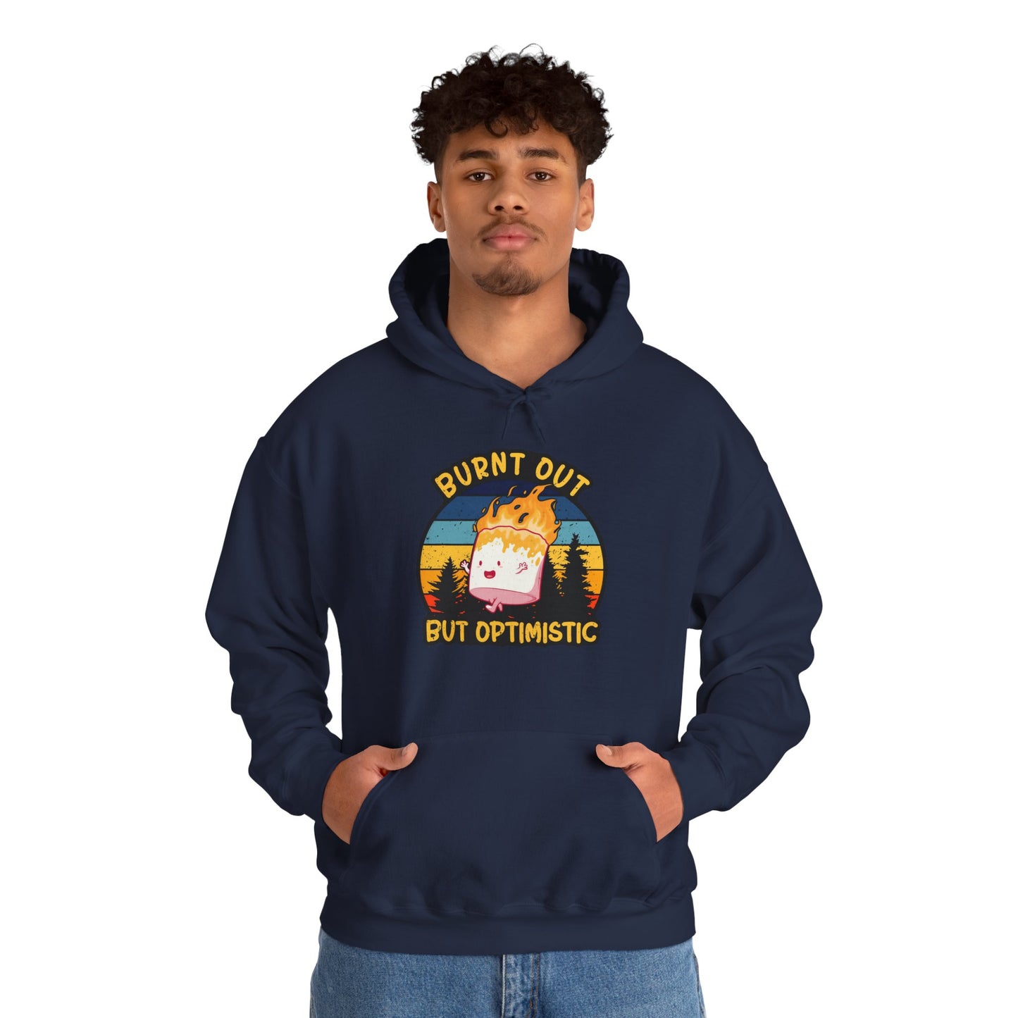 "Burnt Out But Optimistic" Hoodie — Cute Retro Campfire Graphic Sweatshirt