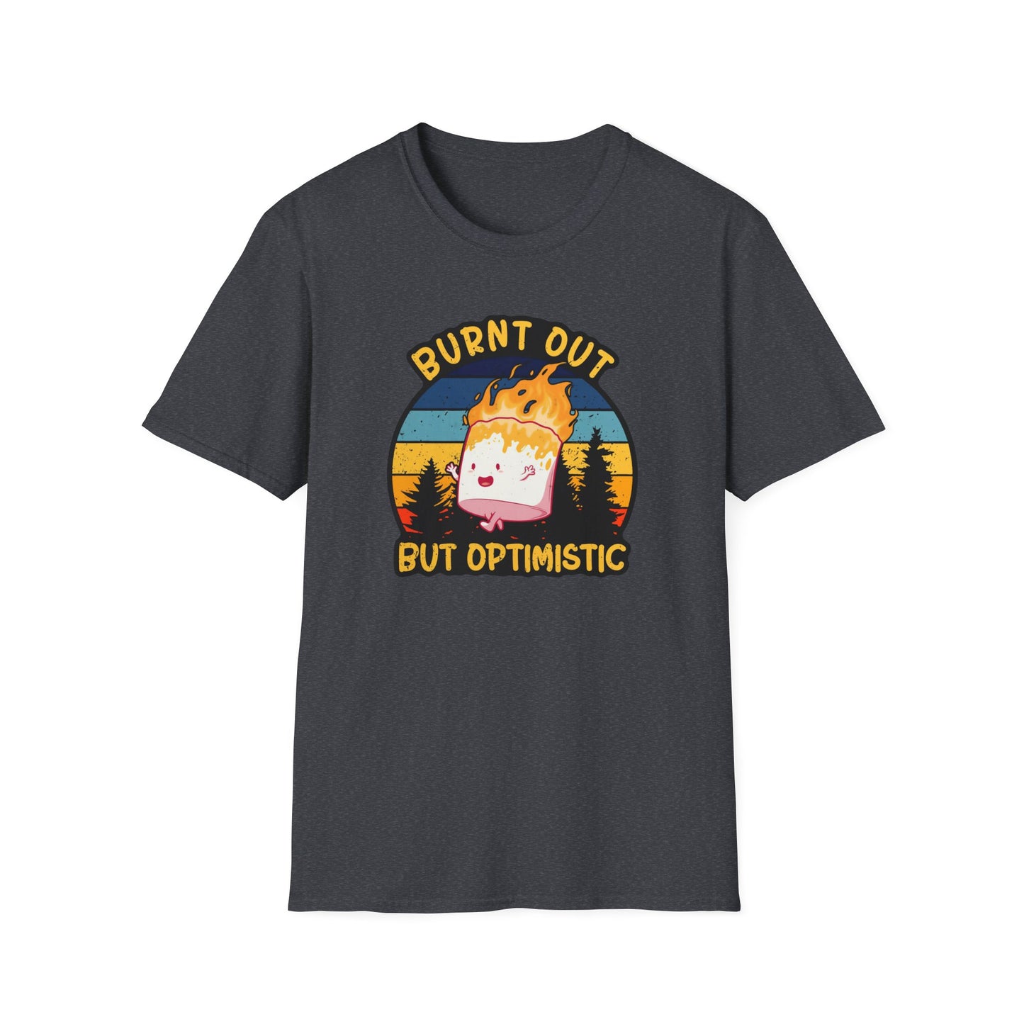 "Burnt Out But Optimistic" T-Shirt — Cute Retro Campfire Graphic Tee