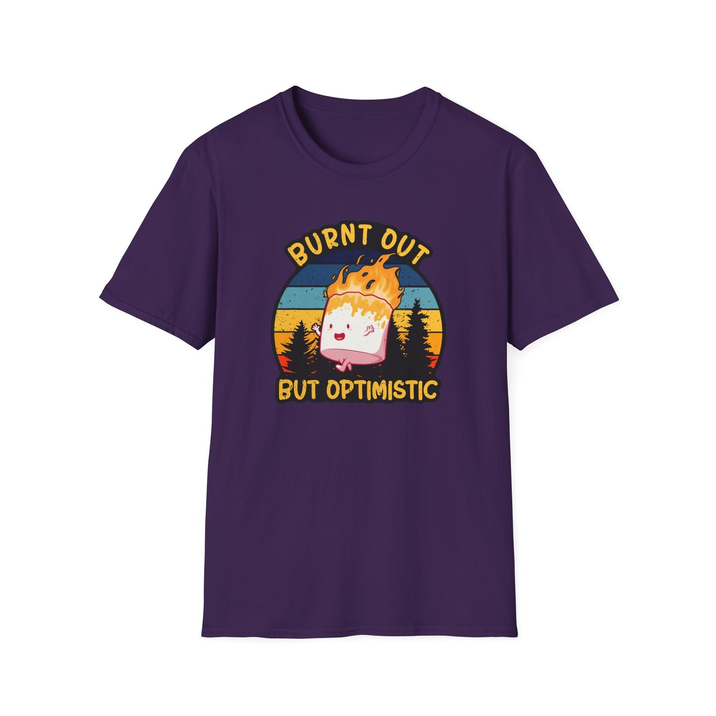 "Burnt Out But Optimistic" T-Shirt — Cute Retro Campfire Graphic Tee