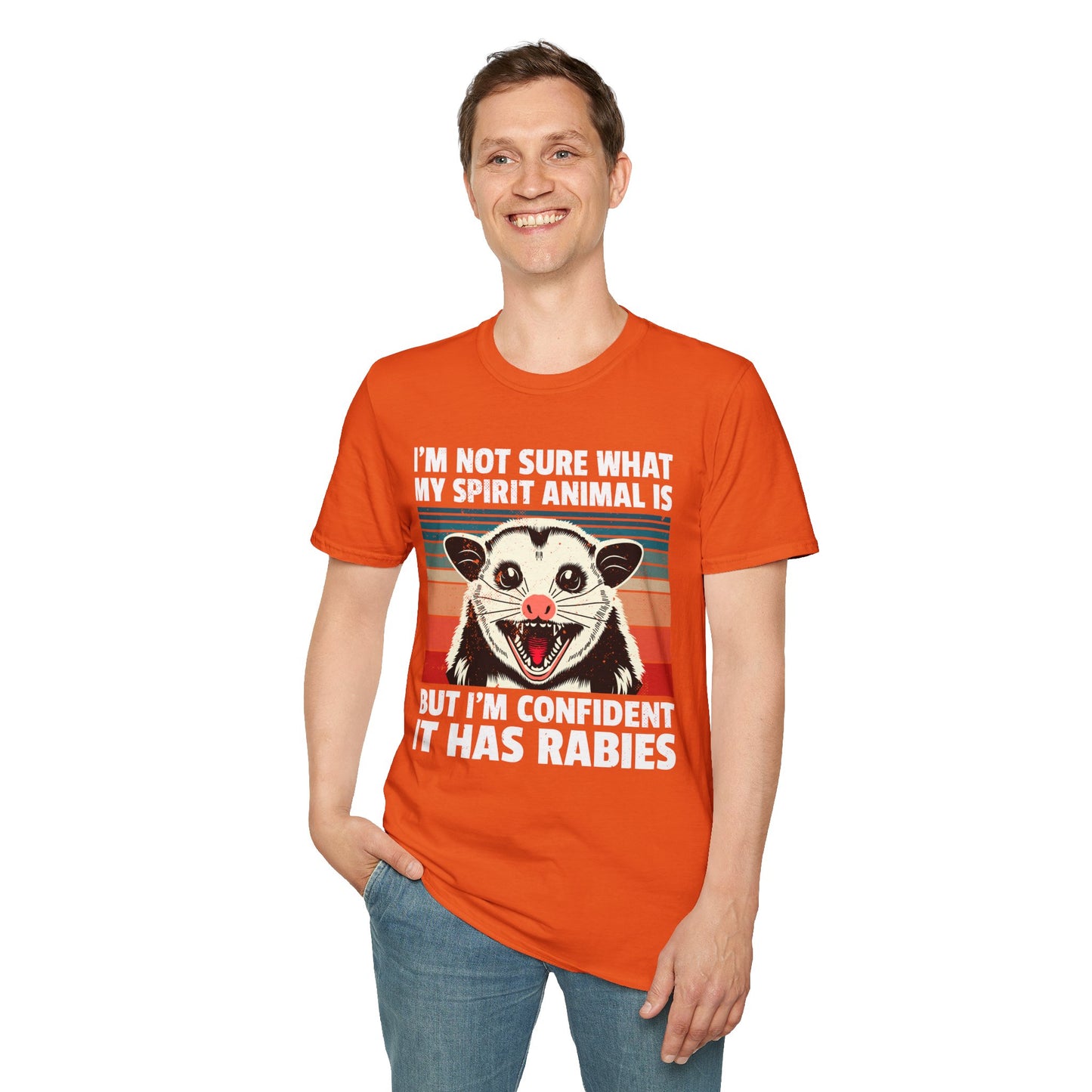 Funny Possum T-Shirt — "I’m Not Sure What My Spirit Animal Is But I’m Confident It Has Rabies" Retro Design