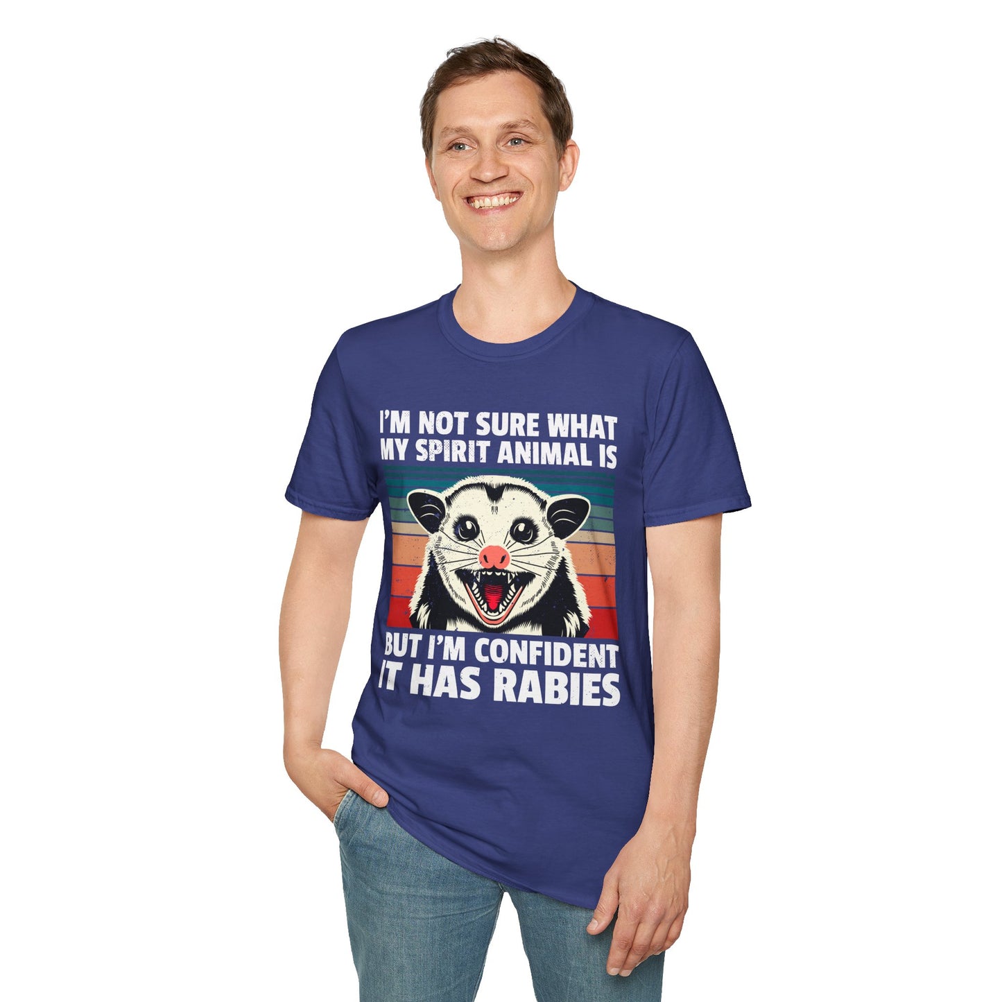 Funny Possum T-Shirt — "I’m Not Sure What My Spirit Animal Is But I’m Confident It Has Rabies" Retro Design
