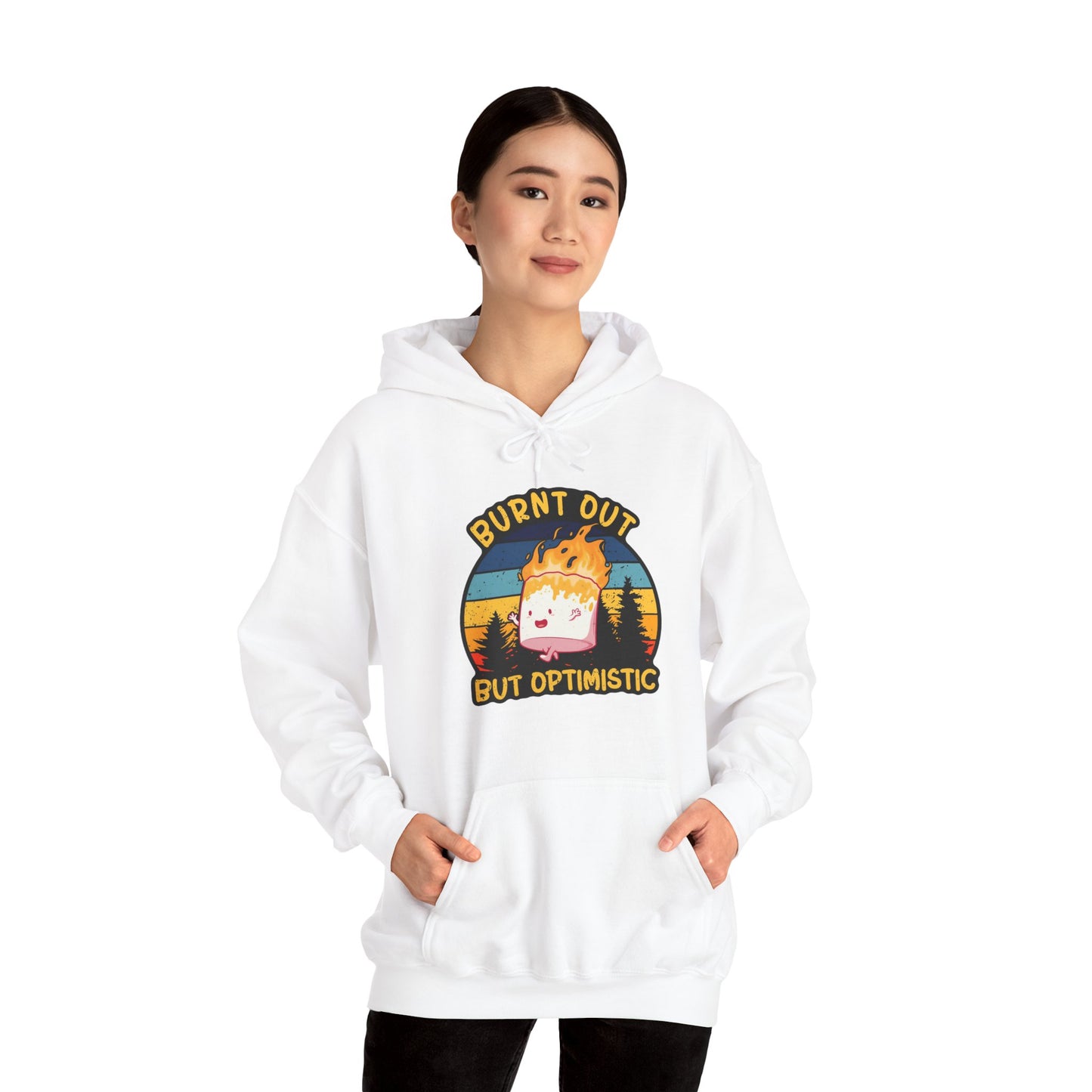 "Burnt Out But Optimistic" Hoodie — Cute Retro Campfire Graphic Sweatshirt