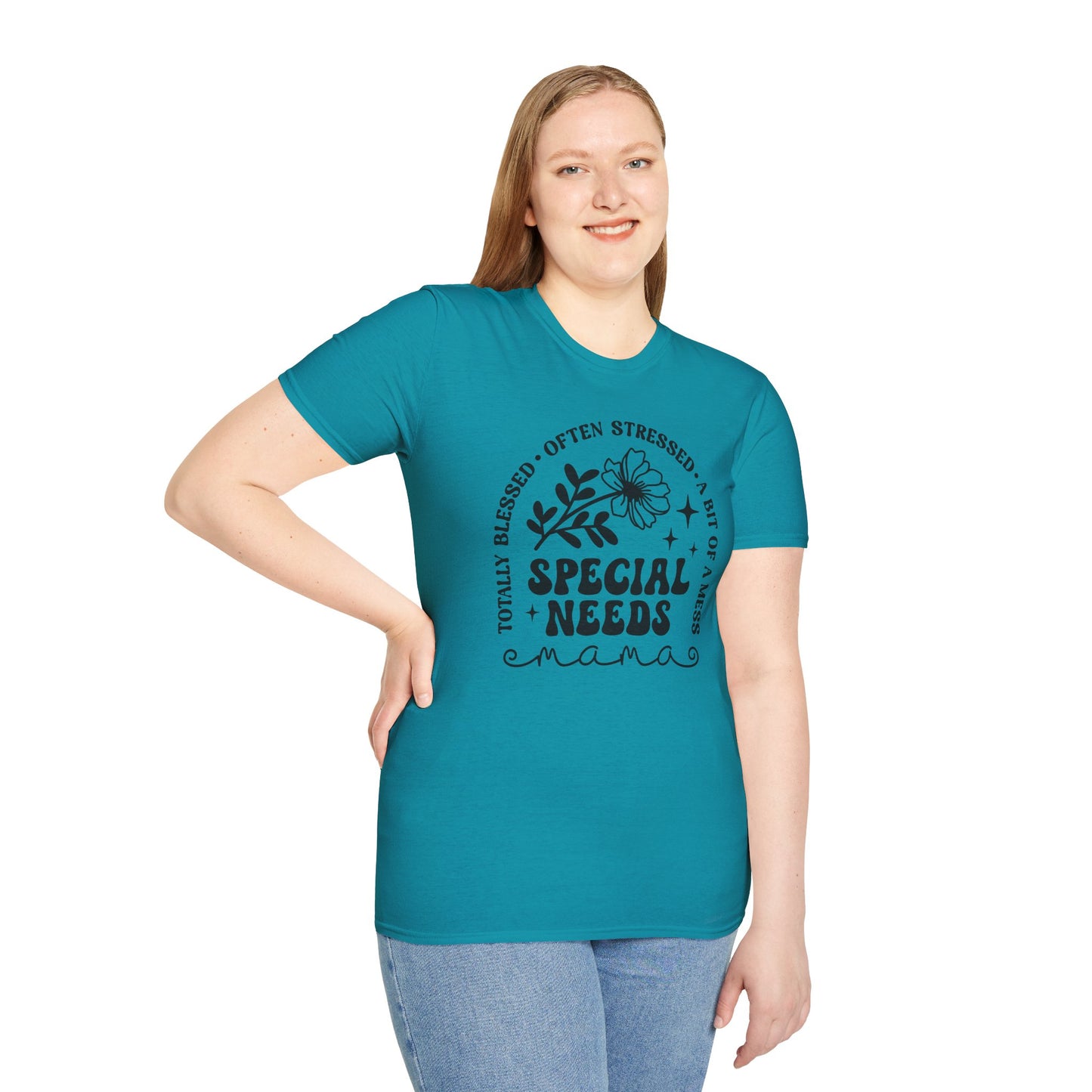 Special Needs Mama T-Shirt — "Totally Blessed, Often Stressed" Floral Tee