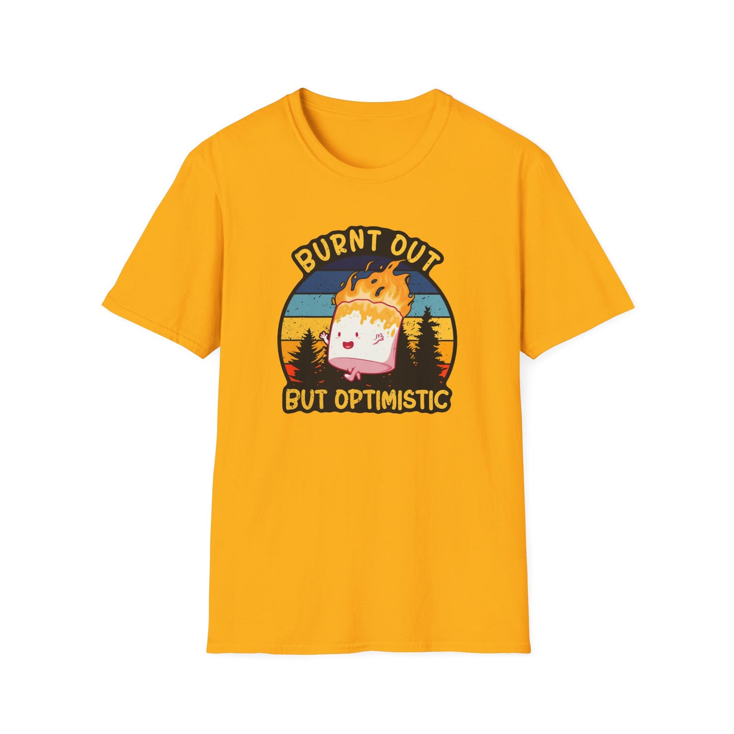 "Burnt Out But Optimistic" T-Shirt — Cute Retro Campfire Graphic Tee