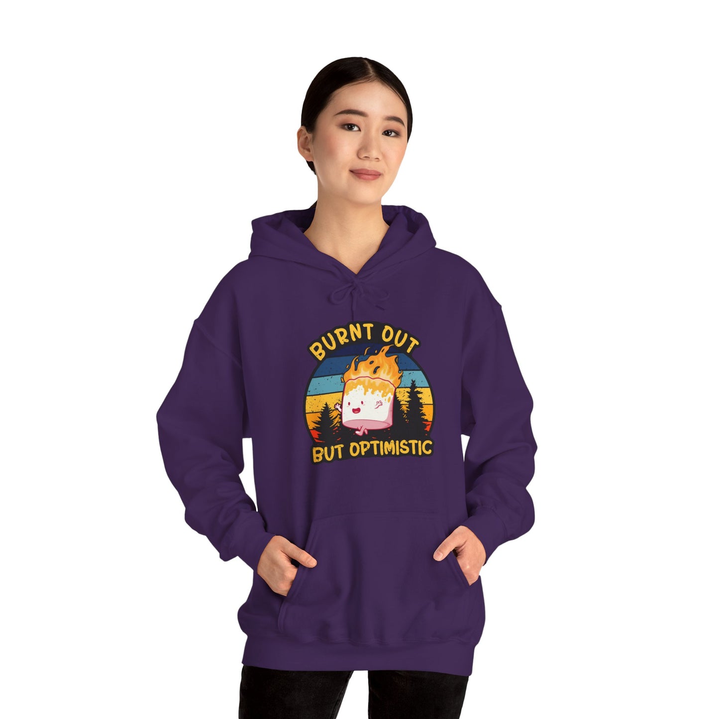 "Burnt Out But Optimistic" Hoodie — Cute Retro Campfire Graphic Sweatshirt