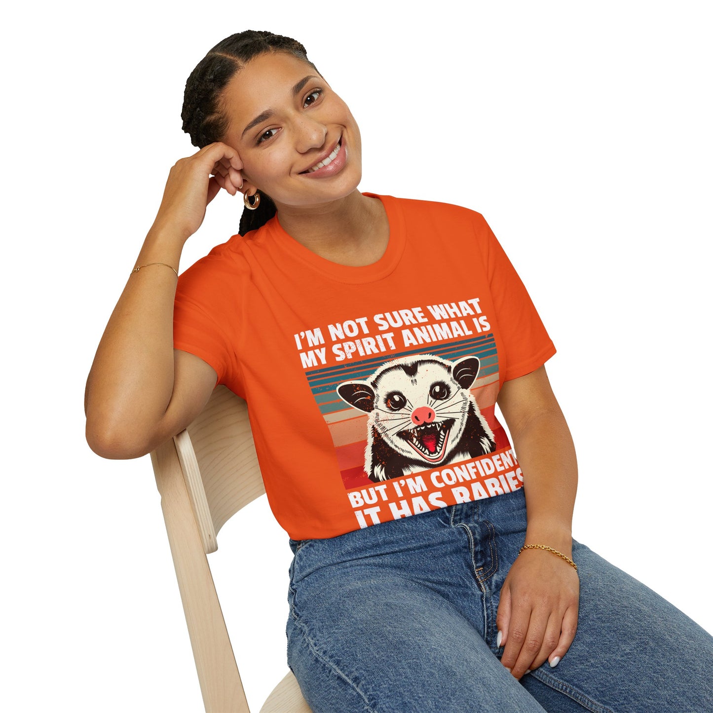 Funny Possum T-Shirt — "I’m Not Sure What My Spirit Animal Is But I’m Confident It Has Rabies" Retro Design