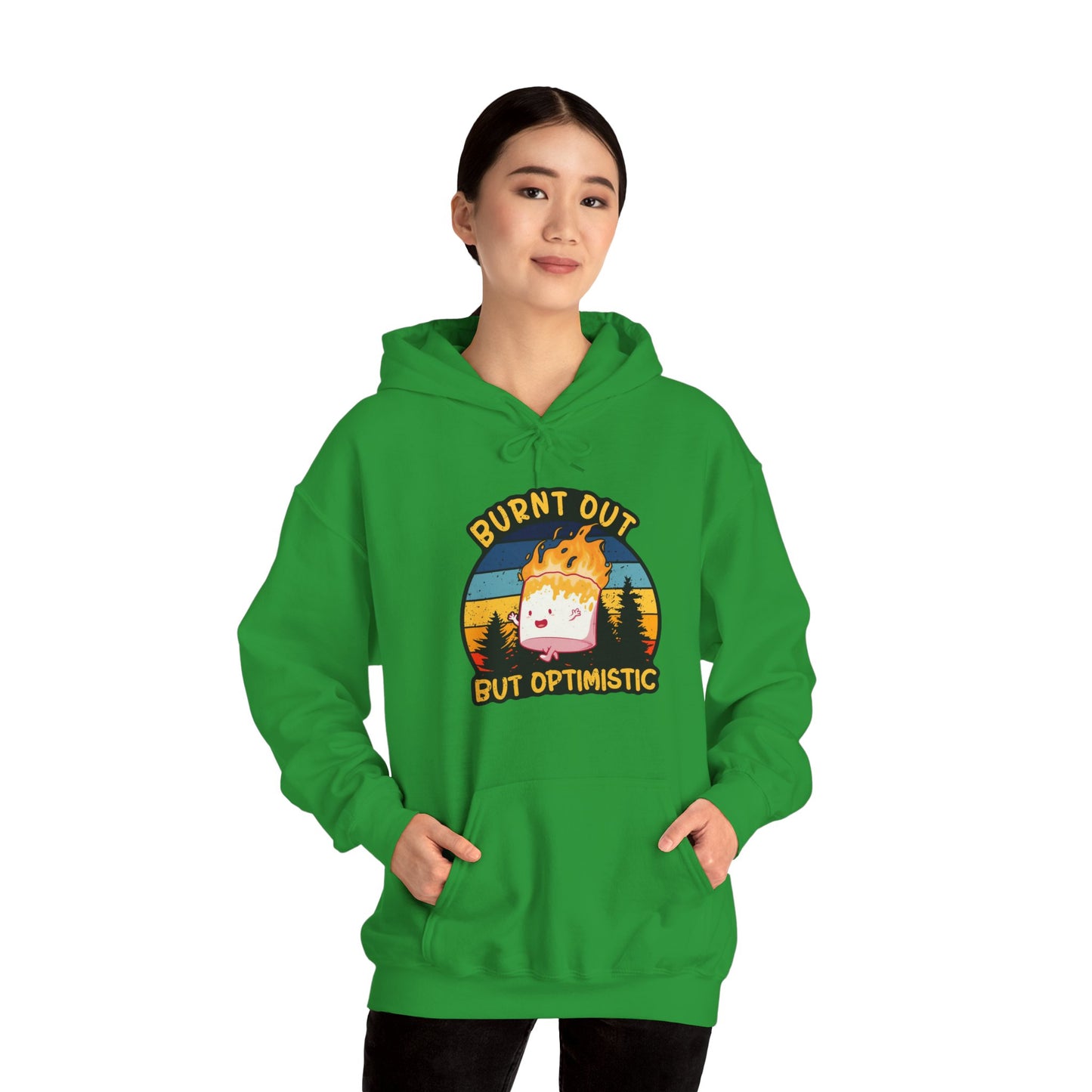"Burnt Out But Optimistic" Hoodie — Cute Retro Campfire Graphic Sweatshirt