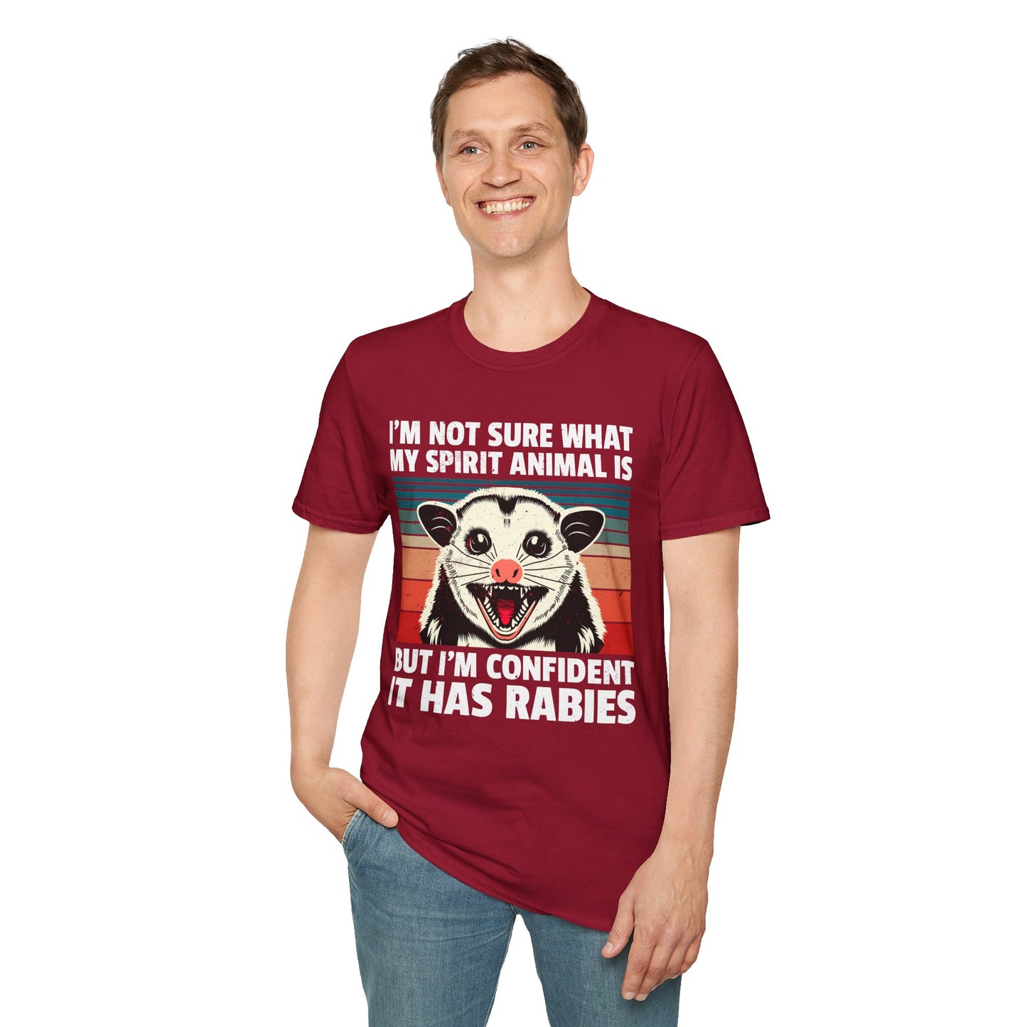 Funny Possum T-Shirt — "I’m Not Sure What My Spirit Animal Is But I’m Confident It Has Rabies" Retro Design
