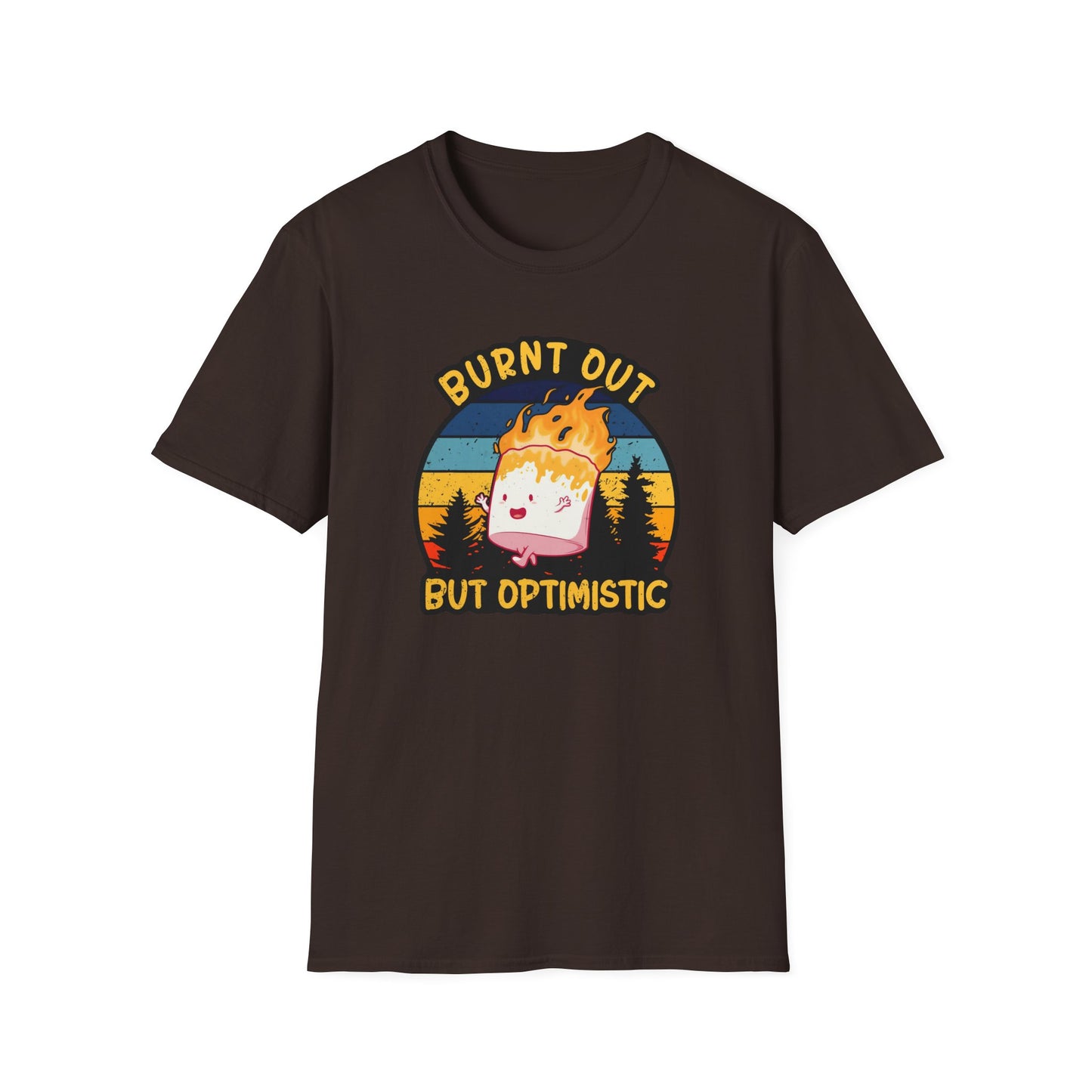 "Burnt Out But Optimistic" T-Shirt — Cute Retro Campfire Graphic Tee