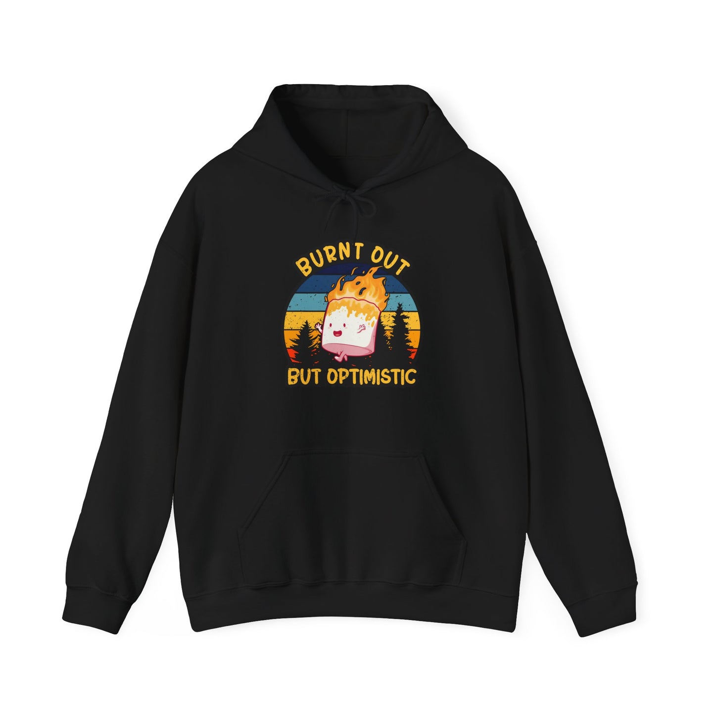 "Burnt Out But Optimistic" Hoodie — Cute Retro Campfire Graphic Sweatshirt