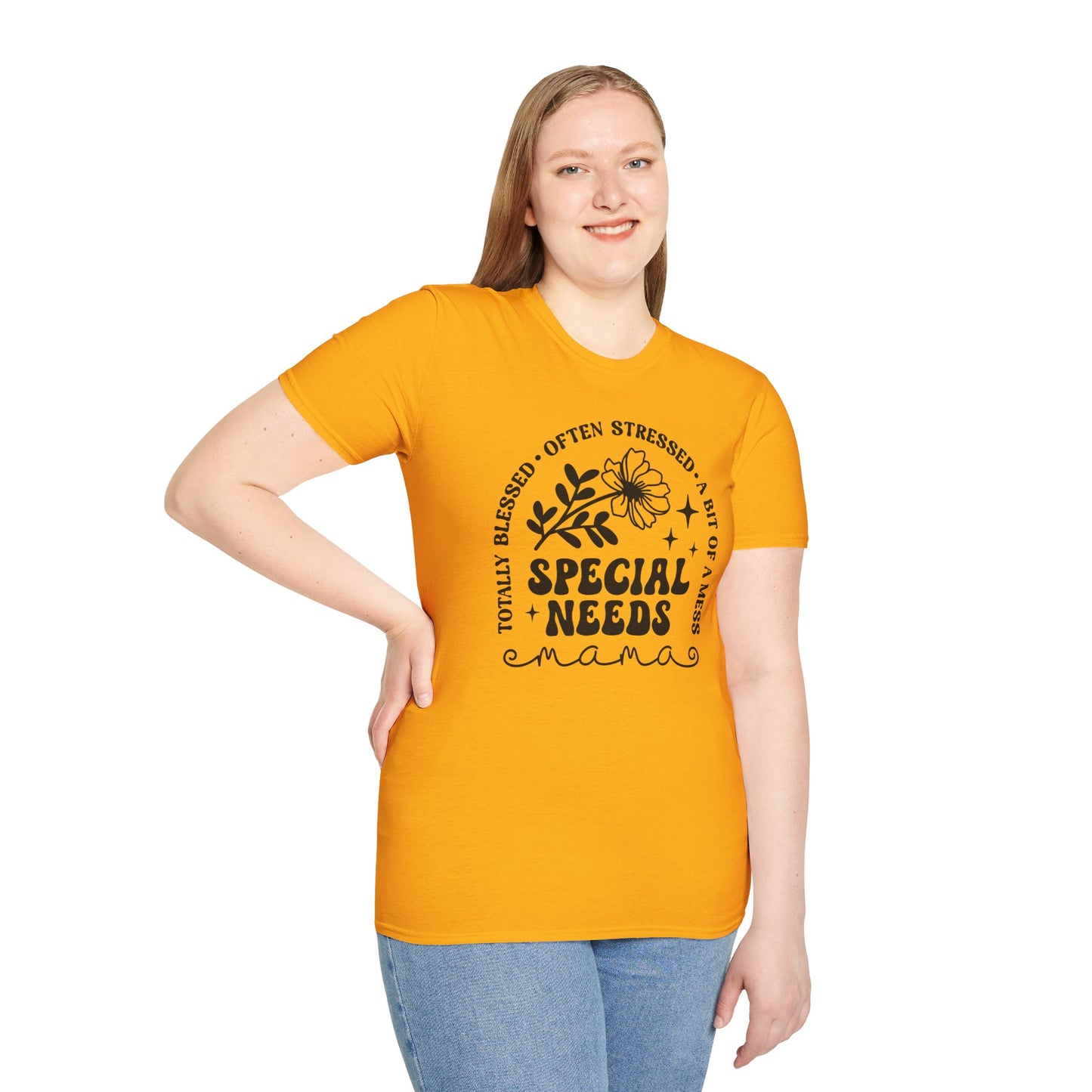 Special Needs Mama T-Shirt — "Totally Blessed, Often Stressed" Floral Tee