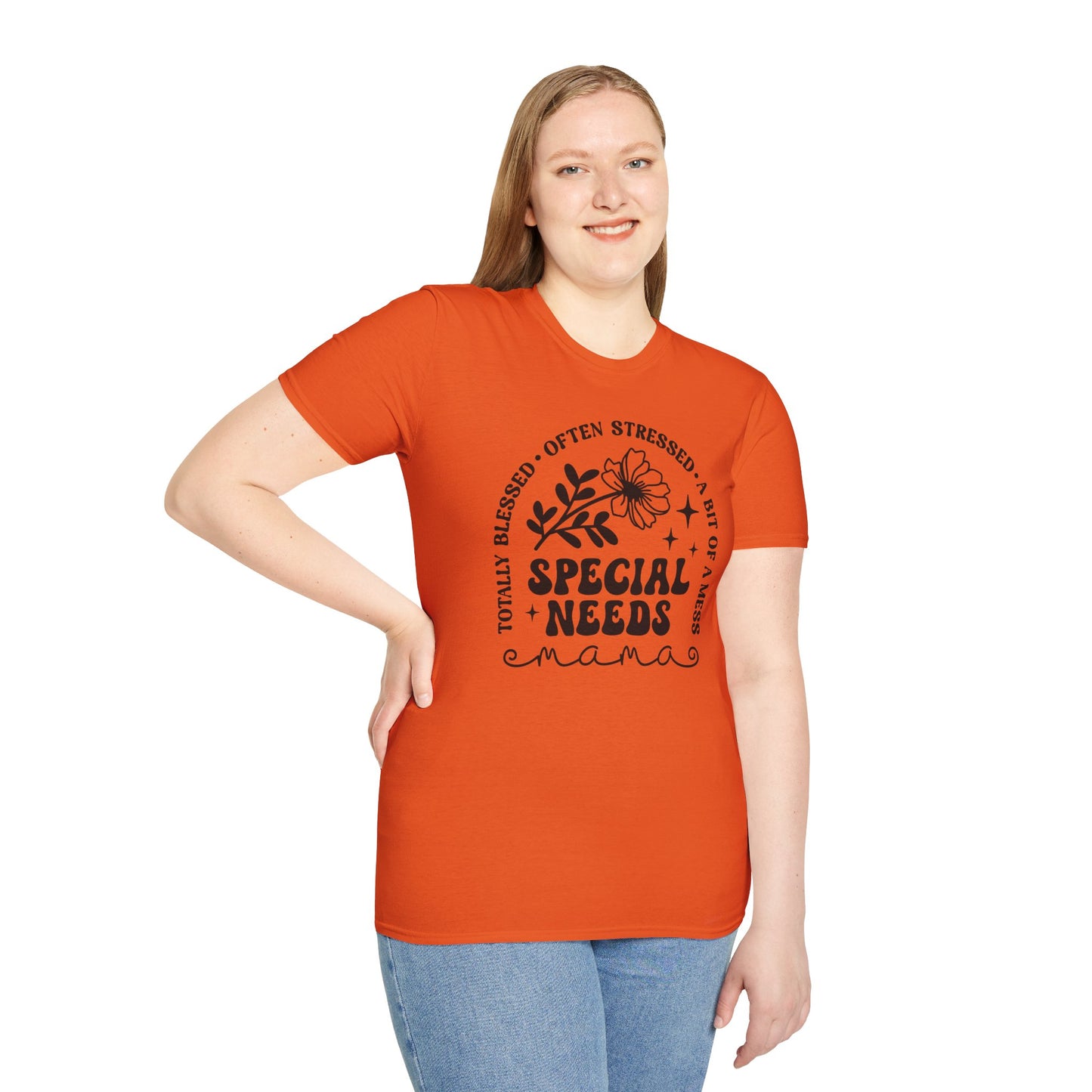 Special Needs Mama T-Shirt — "Totally Blessed, Often Stressed" Floral Tee