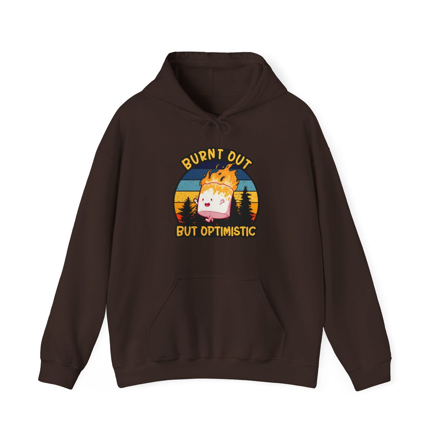 "Burnt Out But Optimistic" Hoodie — Cute Retro Campfire Graphic Sweatshirt