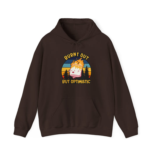 "Burnt Out But Optimistic" Hoodie — Cute Retro Campfire Graphic Sweatshirt