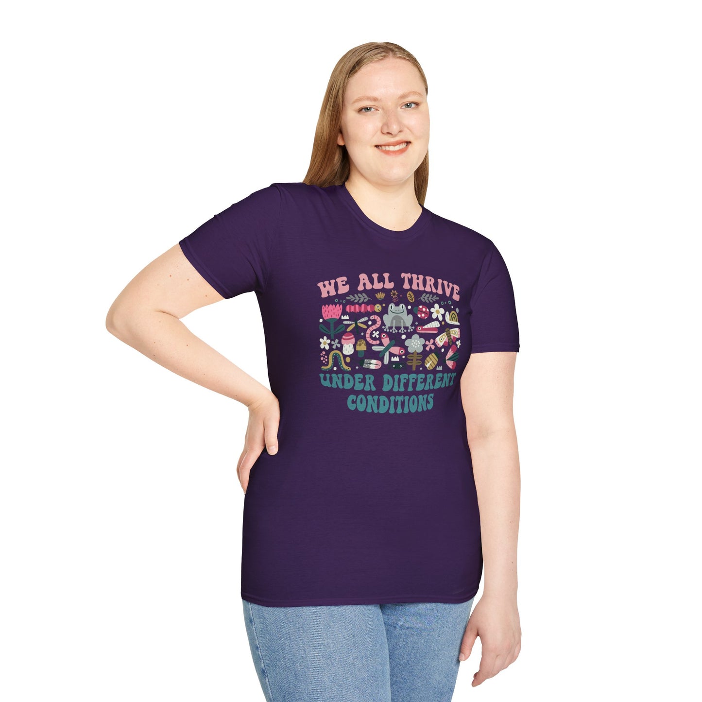 "We All Thrive Under Different Conditions" T-Shirt — Floral Inclusive Tee
