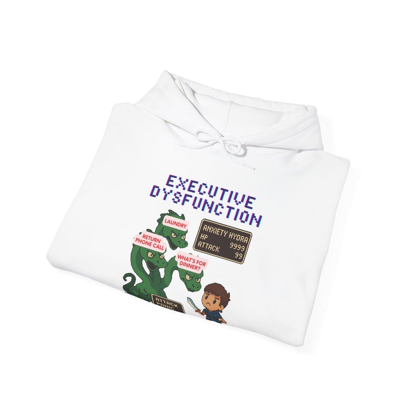 Executive Dysfunction RPG Hoodie — Cute Anxiety Monster Pixel Art Sweatshirt