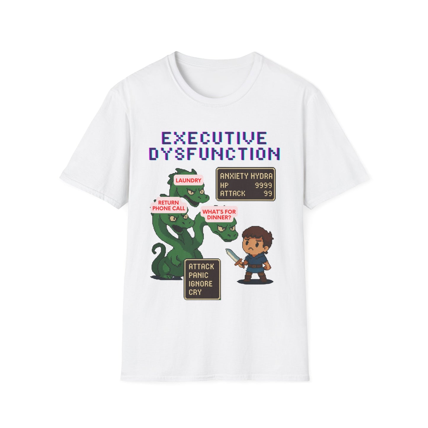 Executive Dysfunction RPG T-Shirt — Cute Anxiety Monster Pixel Art Tee
