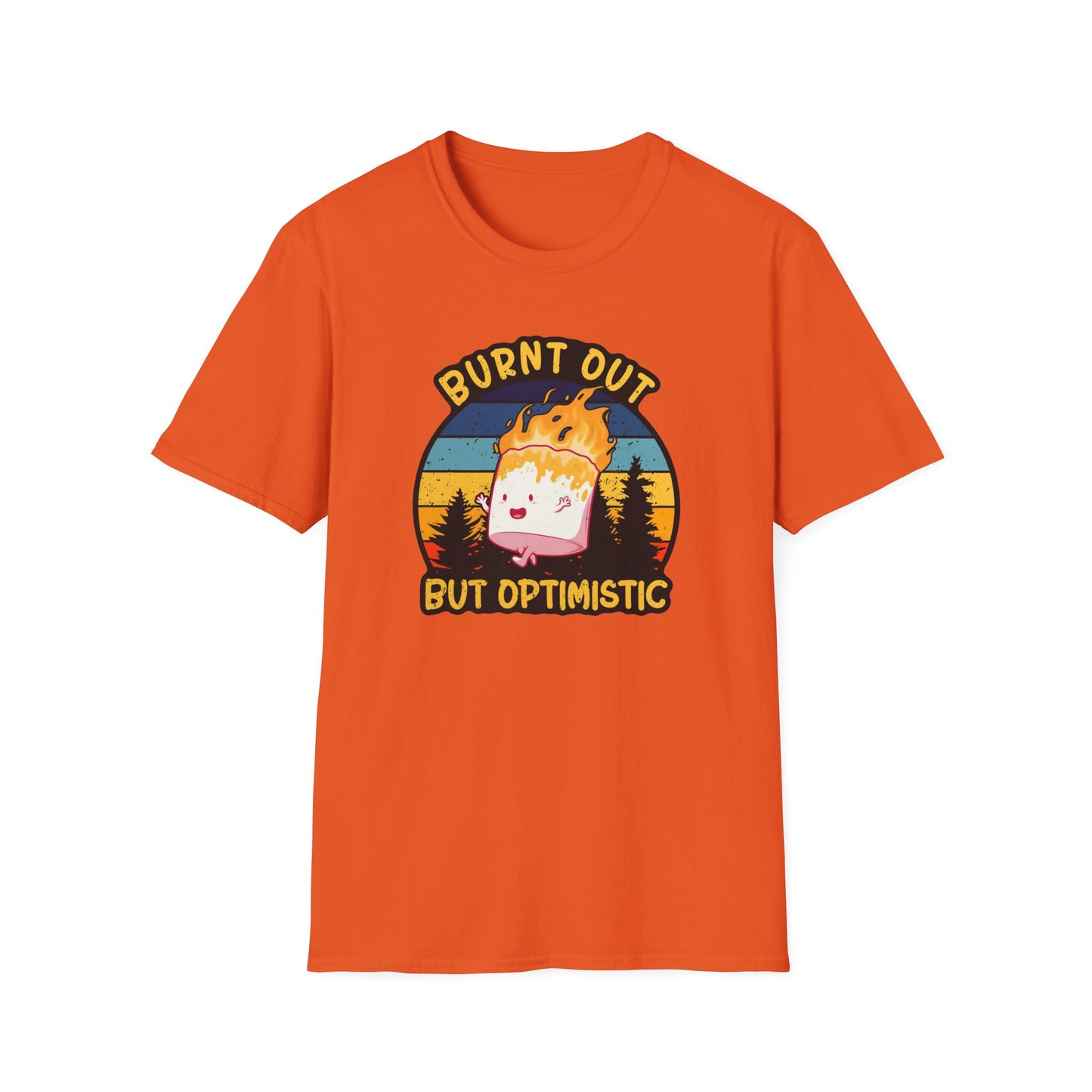 "Burnt Out But Optimistic" T-Shirt — Cute Retro Campfire Graphic Tee