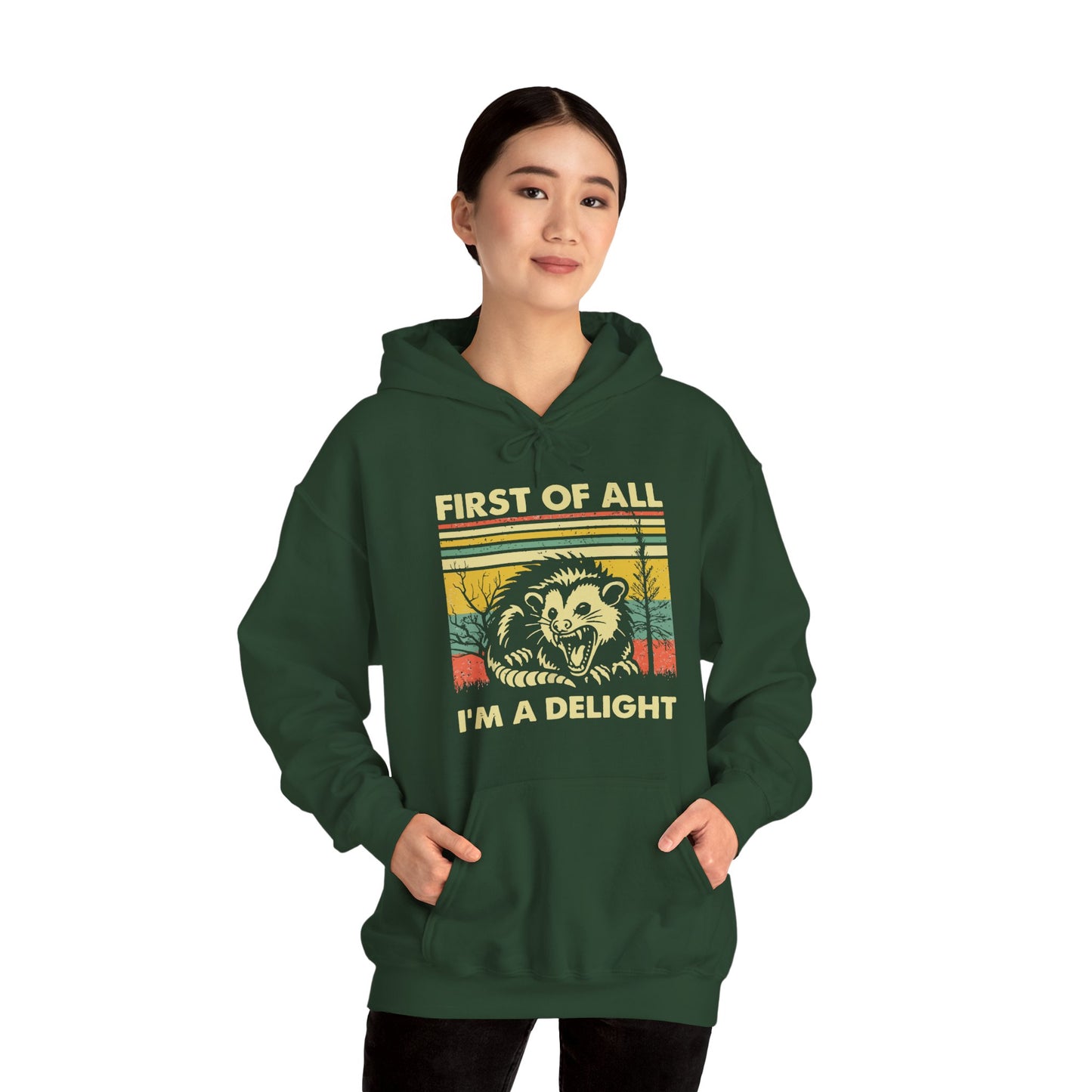 Funny Possum Hoodie — "First of All, I'm a Delight" Graphic Sweatshirt
