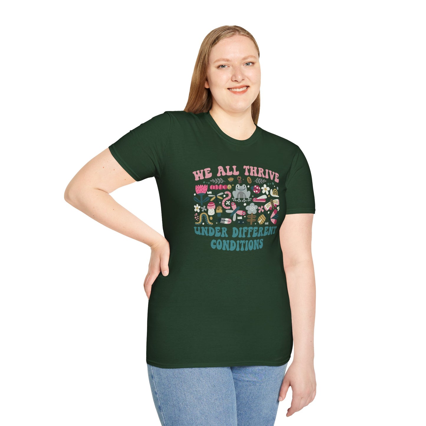 "We All Thrive Under Different Conditions" T-Shirt — Floral Inclusive Tee