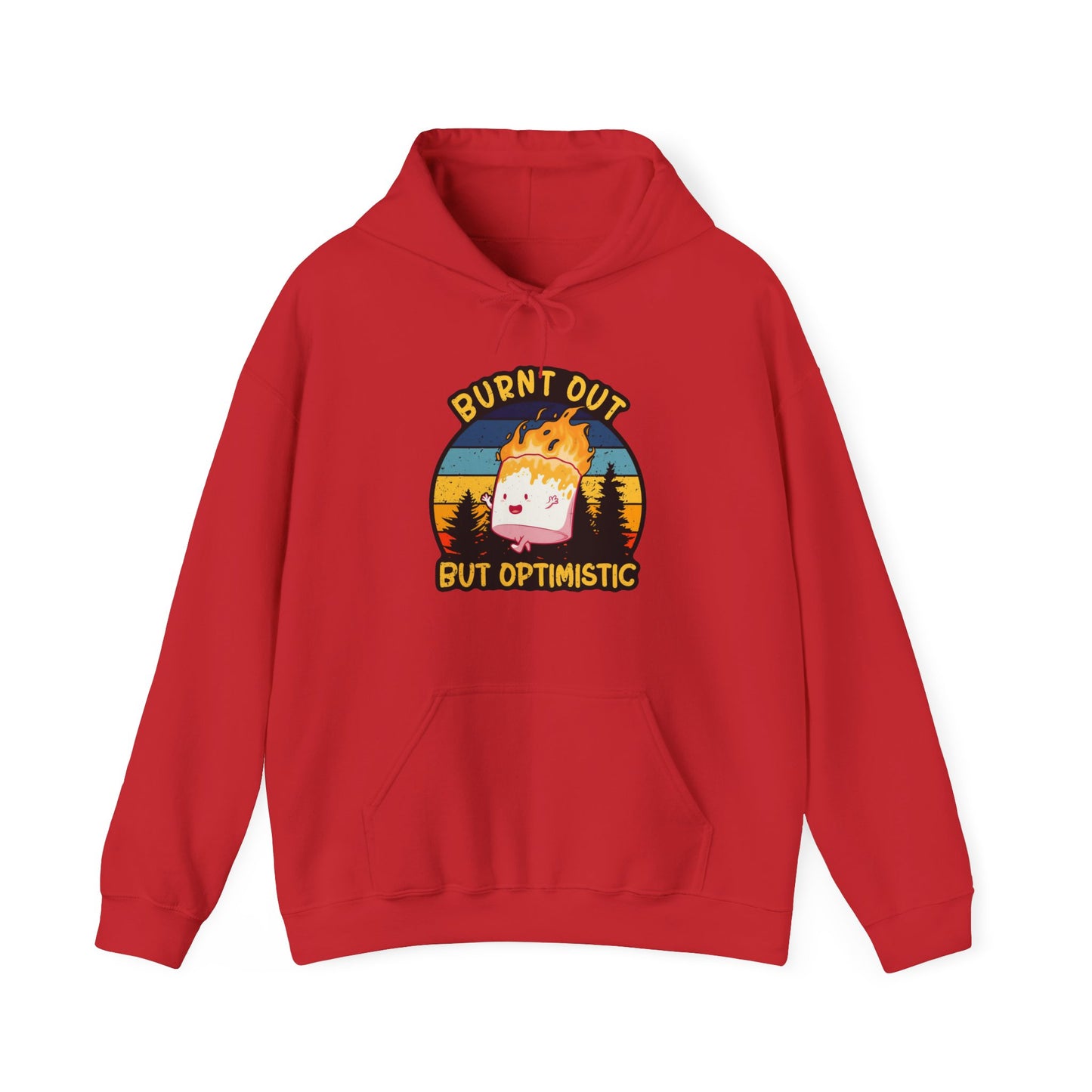 "Burnt Out But Optimistic" Hoodie — Cute Retro Campfire Graphic Sweatshirt