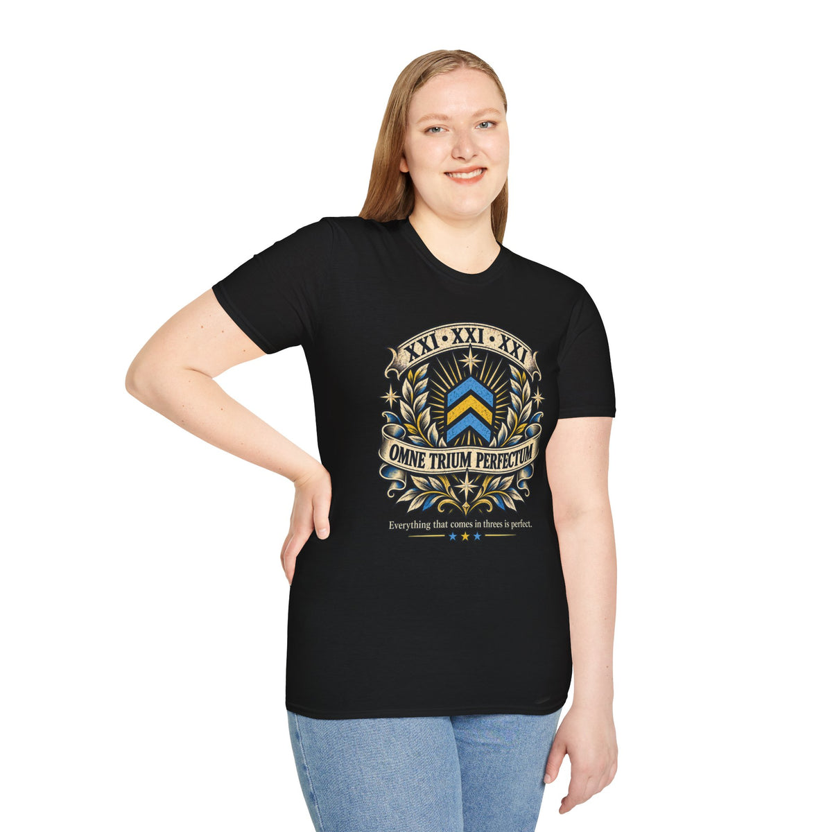 Omne Trium Perfectum – Down Syndrome Awareness T-Shirt | Trisomy 21 Three Chevron Tee