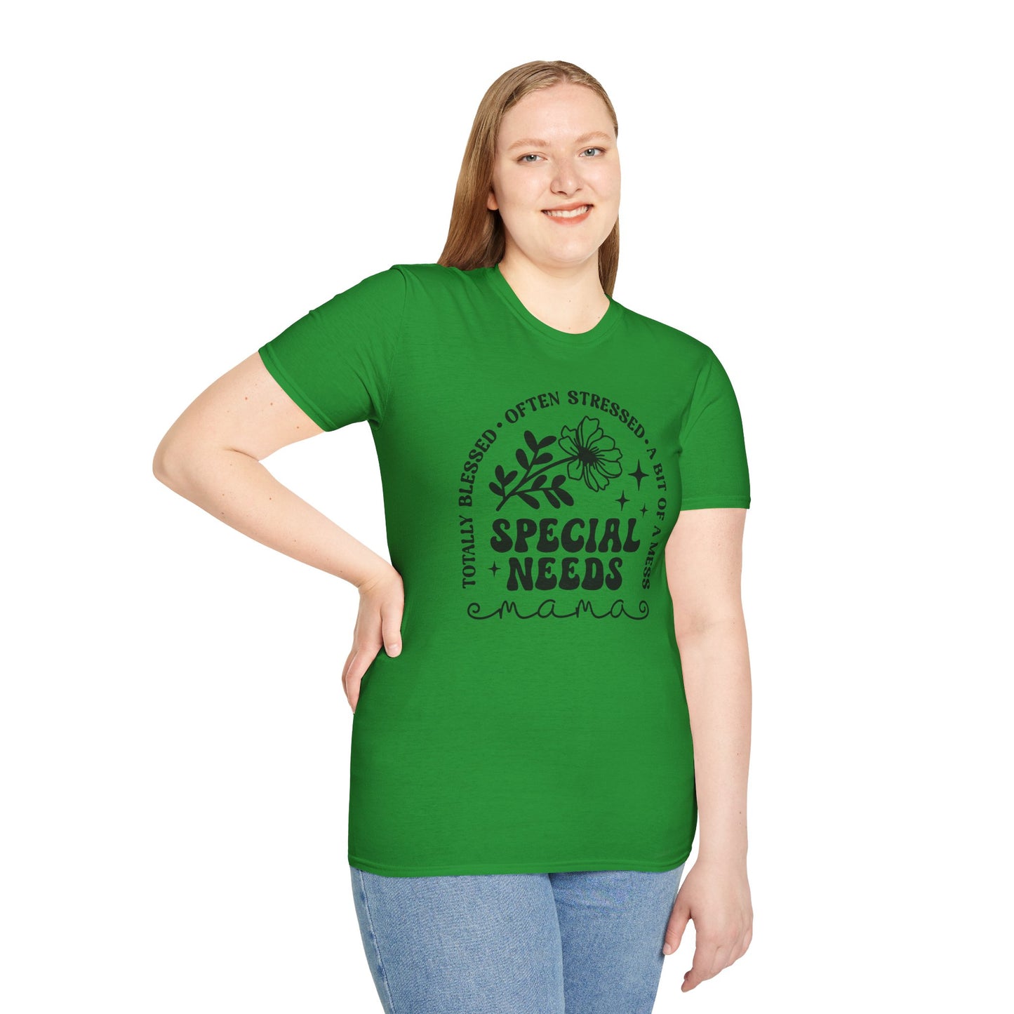 Special Needs Mama T-Shirt — "Totally Blessed, Often Stressed" Floral Tee