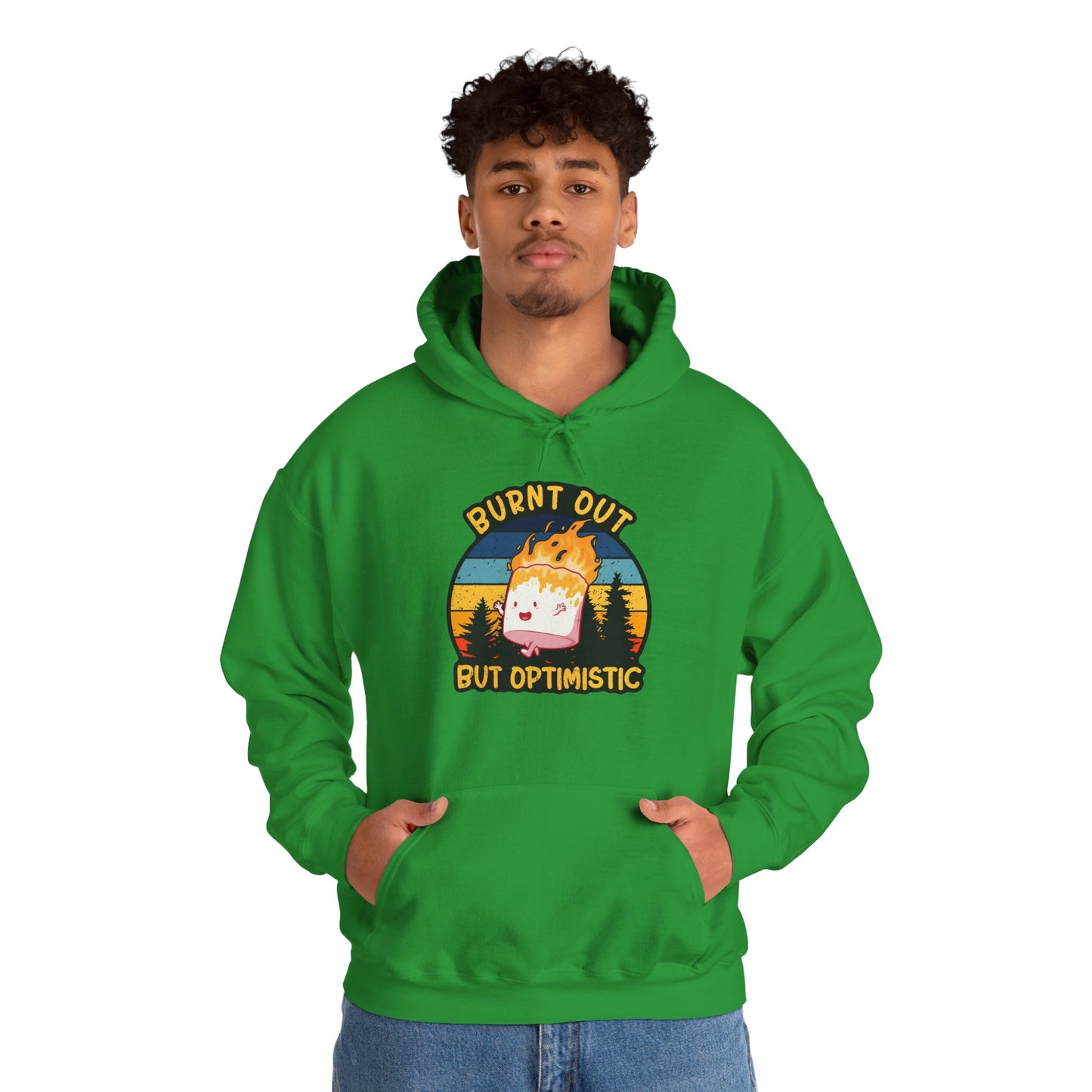 "Burnt Out But Optimistic" Hoodie — Cute Retro Campfire Graphic Sweatshirt
