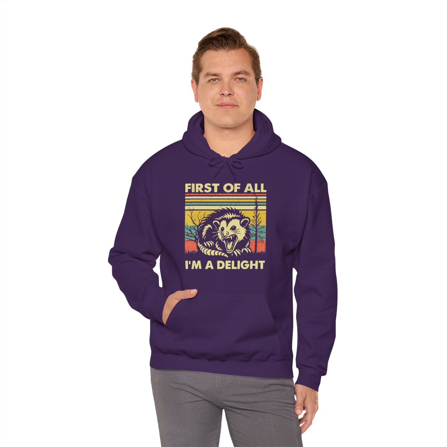 Funny Possum Hoodie — "First of All, I'm a Delight" Graphic Sweatshirt