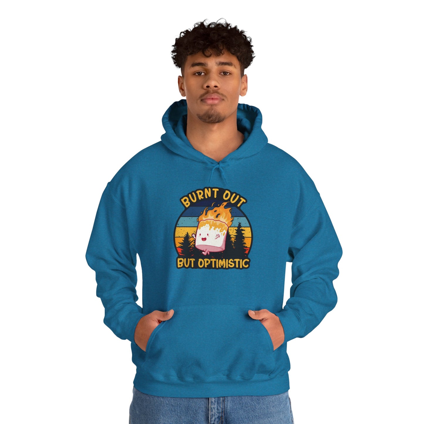 "Burnt Out But Optimistic" Hoodie — Cute Retro Campfire Graphic Sweatshirt