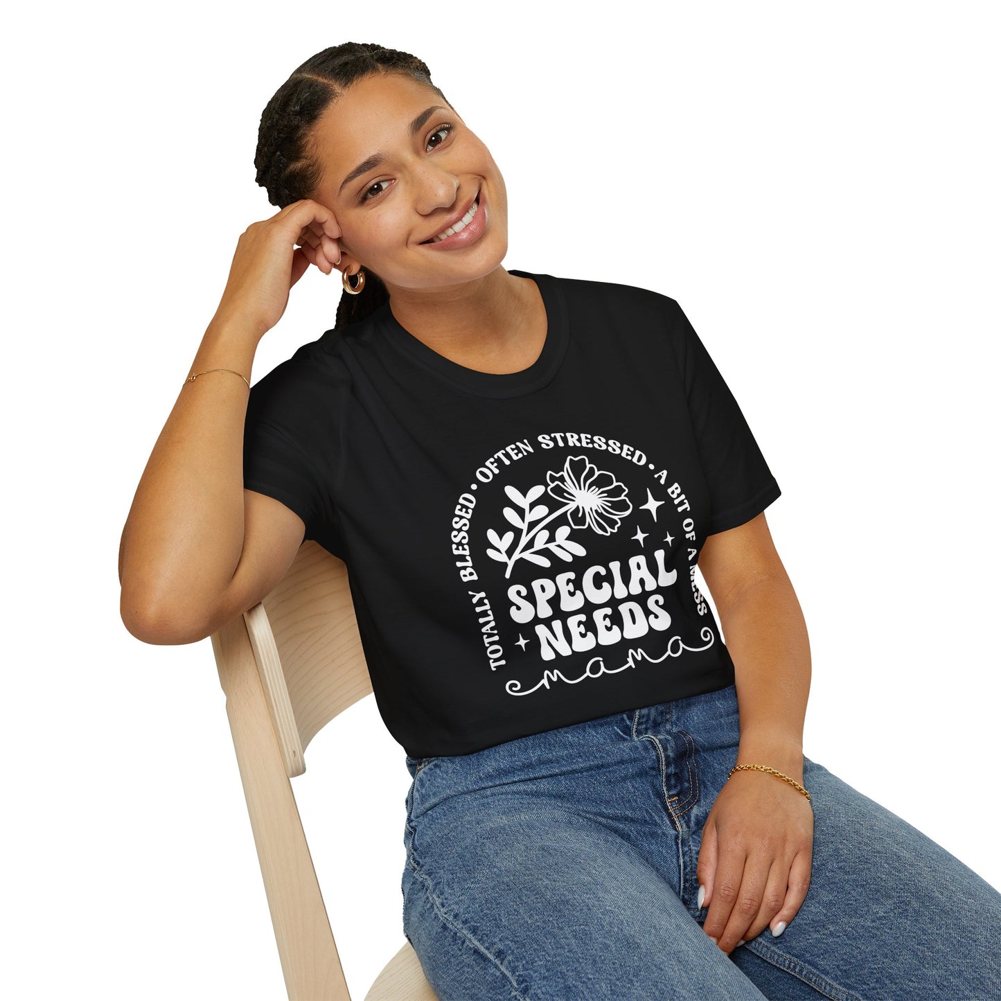 Special Needs Mama T-Shirt — "Totally Blessed, Often Stressed" Floral Tee