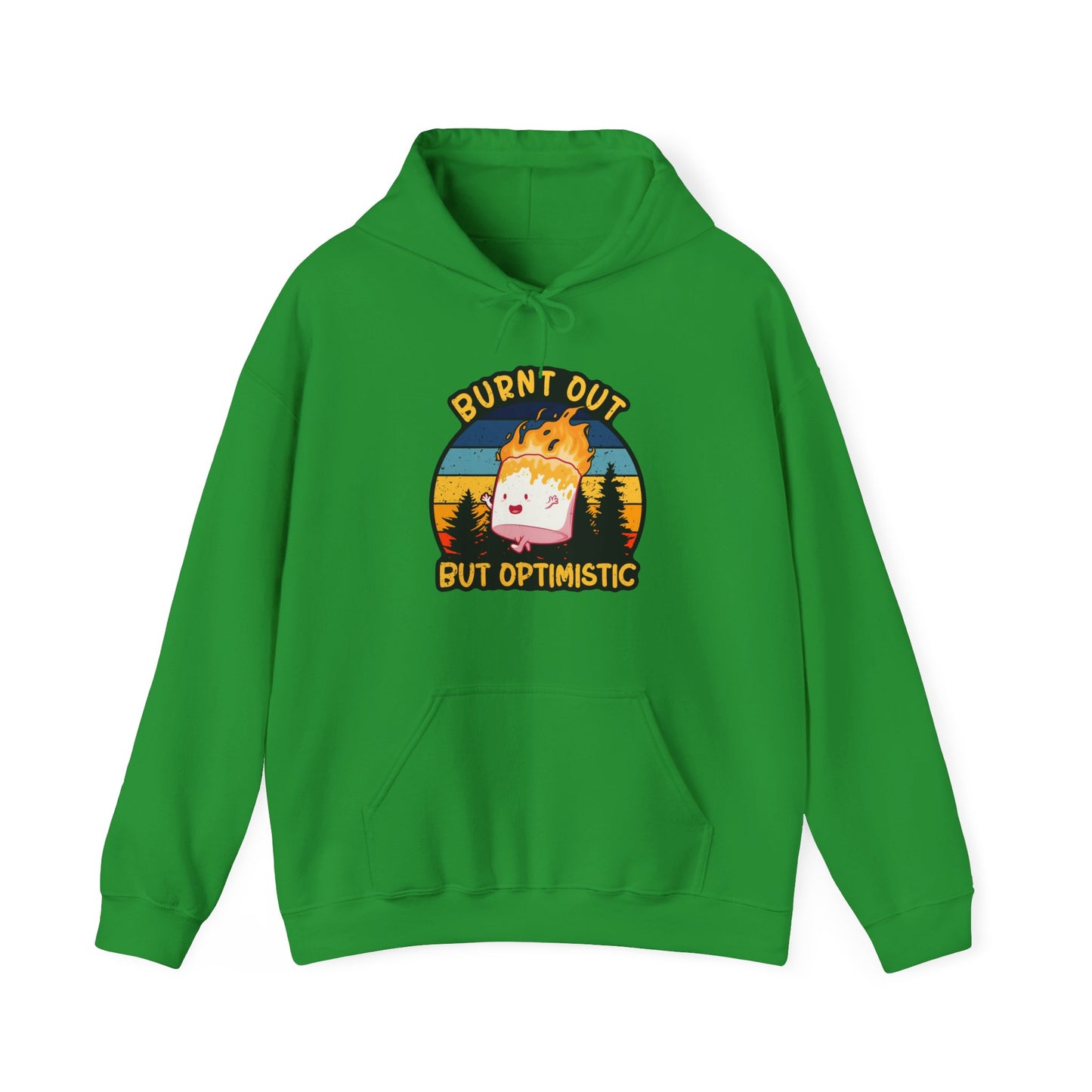 "Burnt Out But Optimistic" Hoodie — Cute Retro Campfire Graphic Sweatshirt