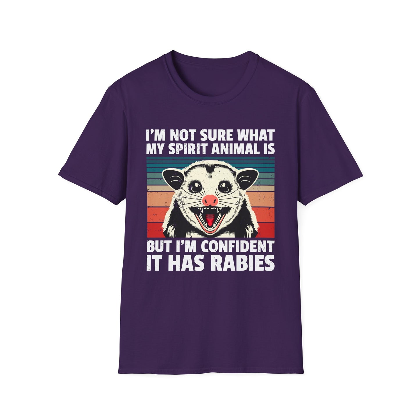 Funny Possum T-Shirt — "I’m Not Sure What My Spirit Animal Is But I’m Confident It Has Rabies" Retro Design
