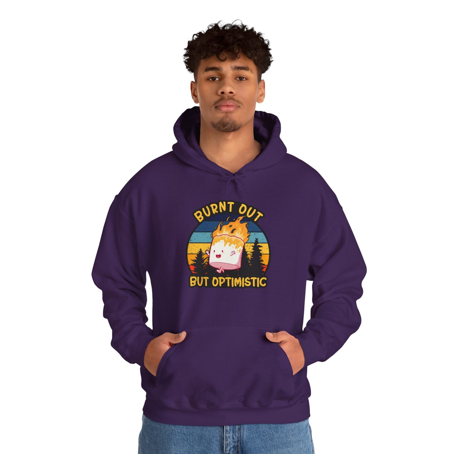 "Burnt Out But Optimistic" Hoodie — Cute Retro Campfire Graphic Sweatshirt