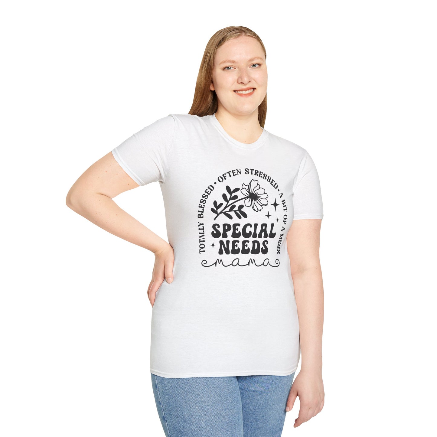 Special Needs Mama T-Shirt — "Totally Blessed, Often Stressed" Floral Tee