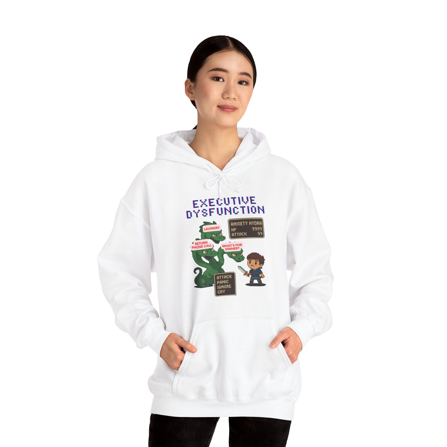 Executive Dysfunction RPG Hoodie — Cute Anxiety Monster Pixel Art Sweatshirt