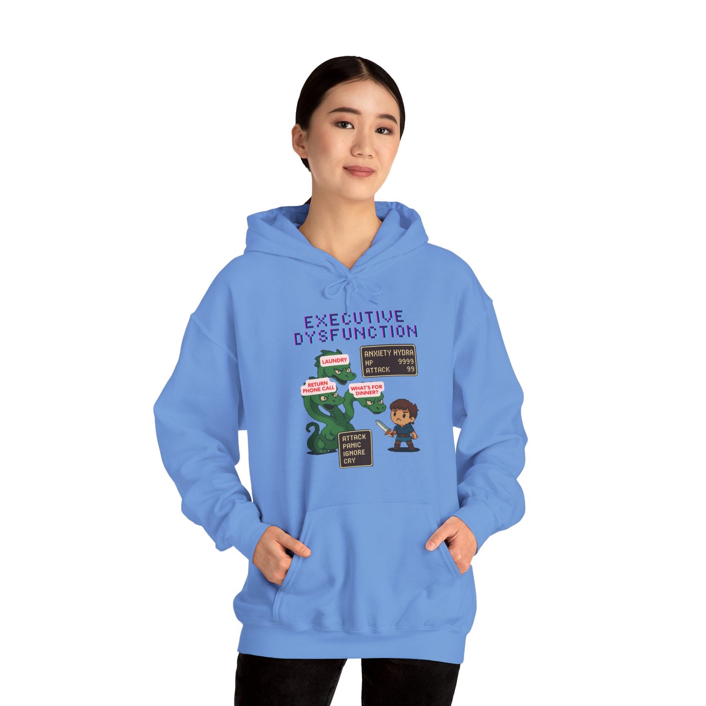 Executive Dysfunction RPG Hoodie — Cute Anxiety Monster Pixel Art Sweatshirt