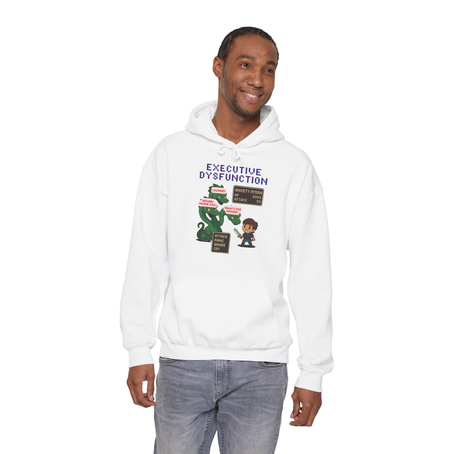 Executive Dysfunction RPG Hoodie — Cute Anxiety Monster Pixel Art Sweatshirt