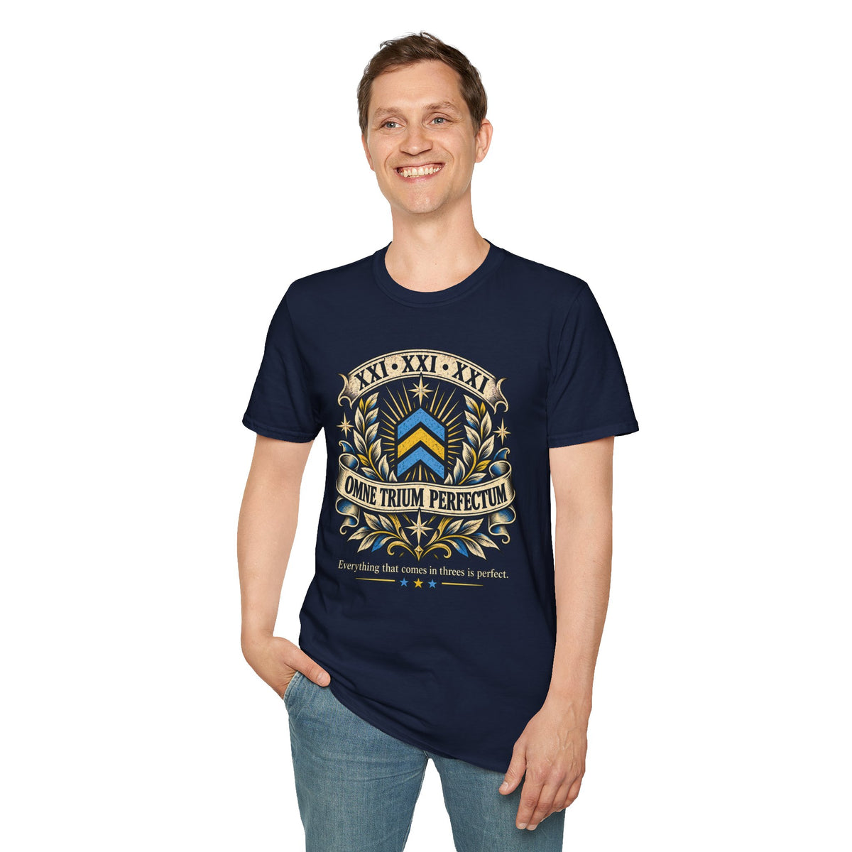 Omne Trium Perfectum – Down Syndrome Awareness T-Shirt | Trisomy 21 Three Chevron Tee