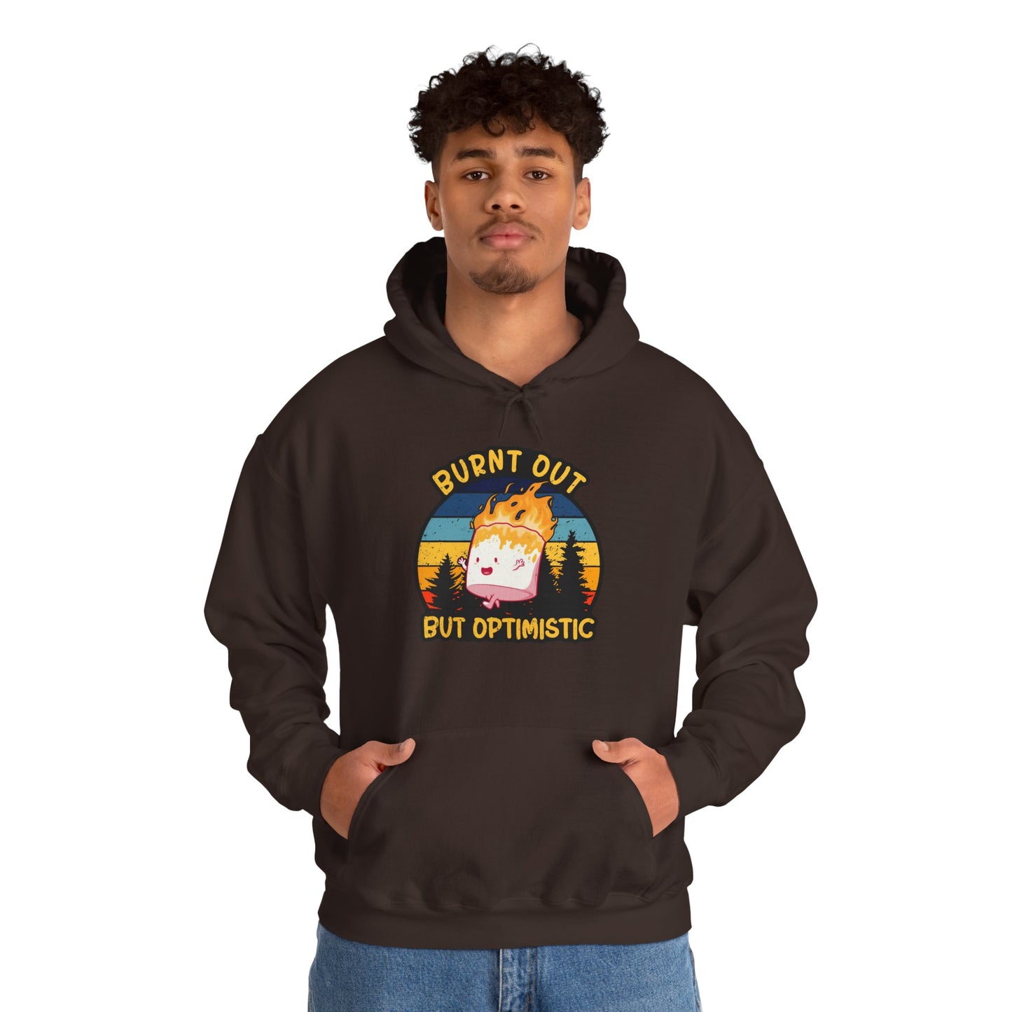 "Burnt Out But Optimistic" Hoodie — Cute Retro Campfire Graphic Sweatshirt