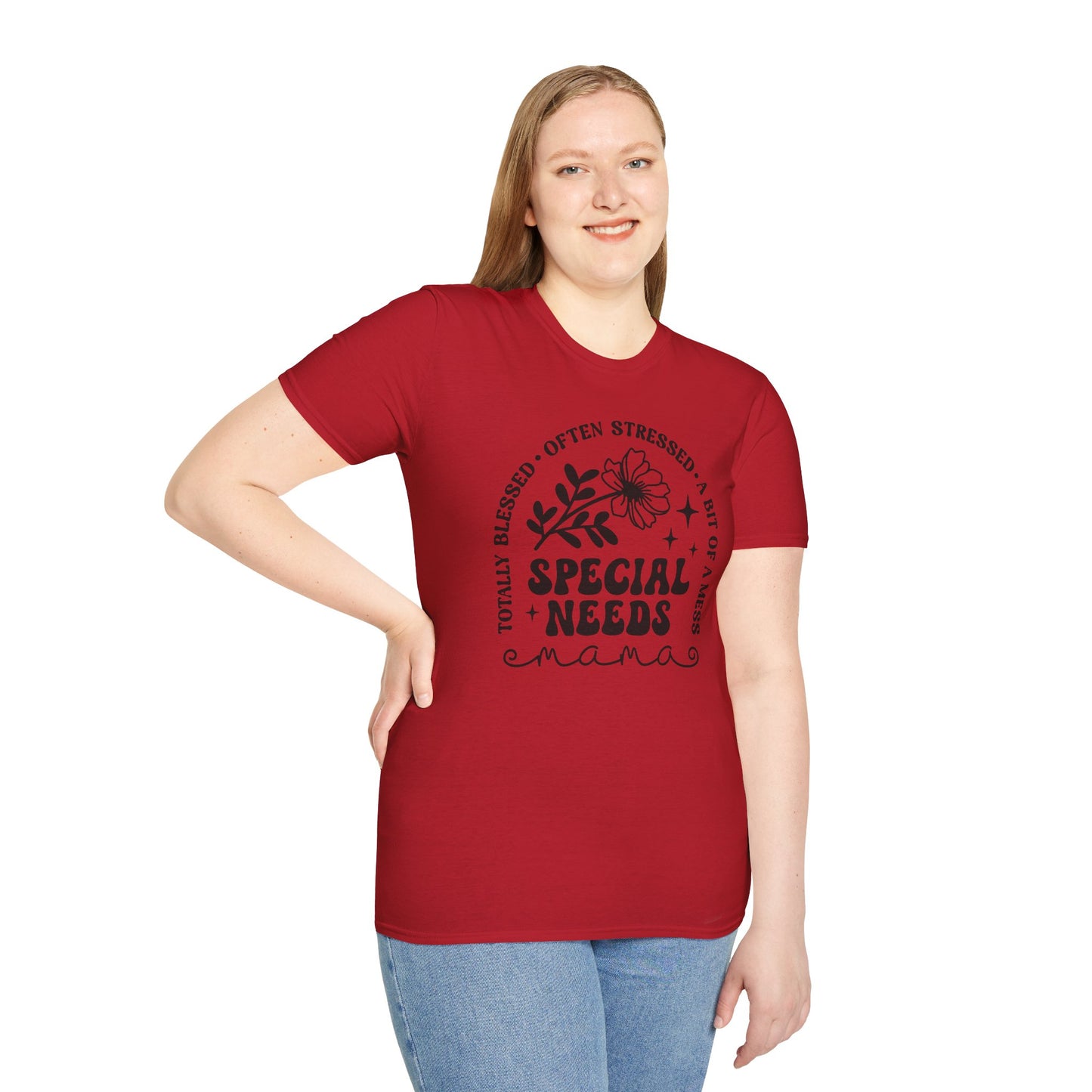Special Needs Mama T-Shirt — "Totally Blessed, Often Stressed" Floral Tee
