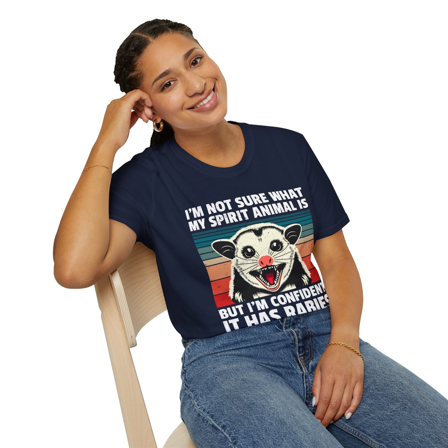 Funny Possum T-Shirt — "I’m Not Sure What My Spirit Animal Is But I’m Confident It Has Rabies" Retro Design