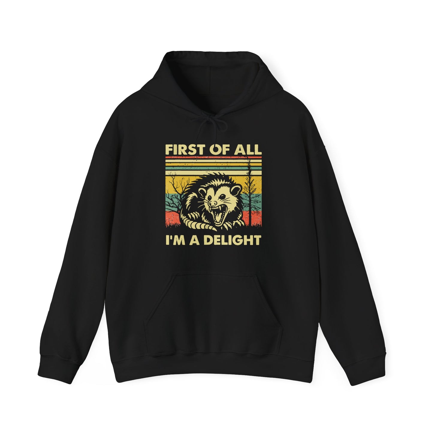 Funny Possum Hoodie — "First of All, I'm a Delight" Graphic Sweatshirt